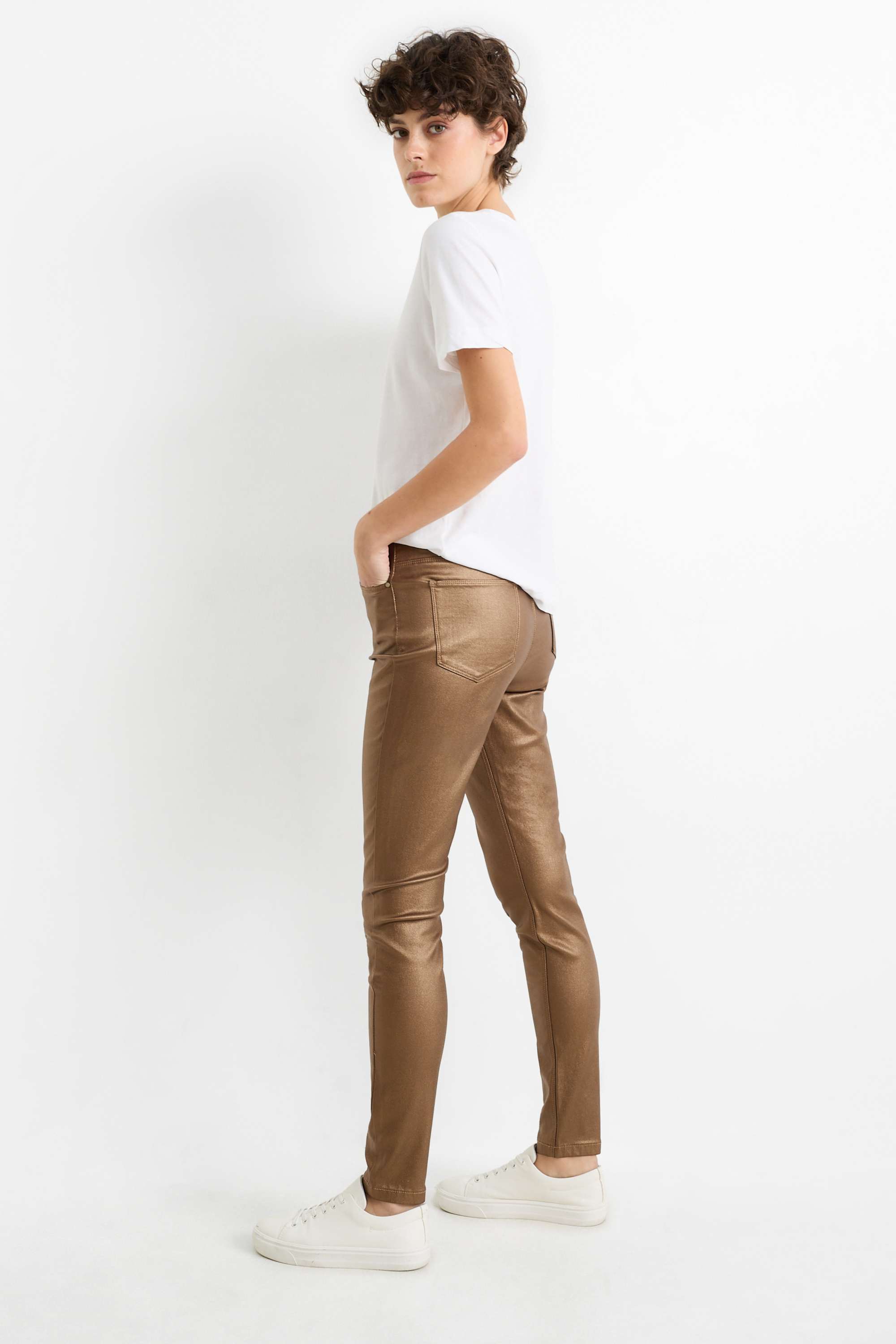 Trousers - high waist - skinny fit - shiny gold