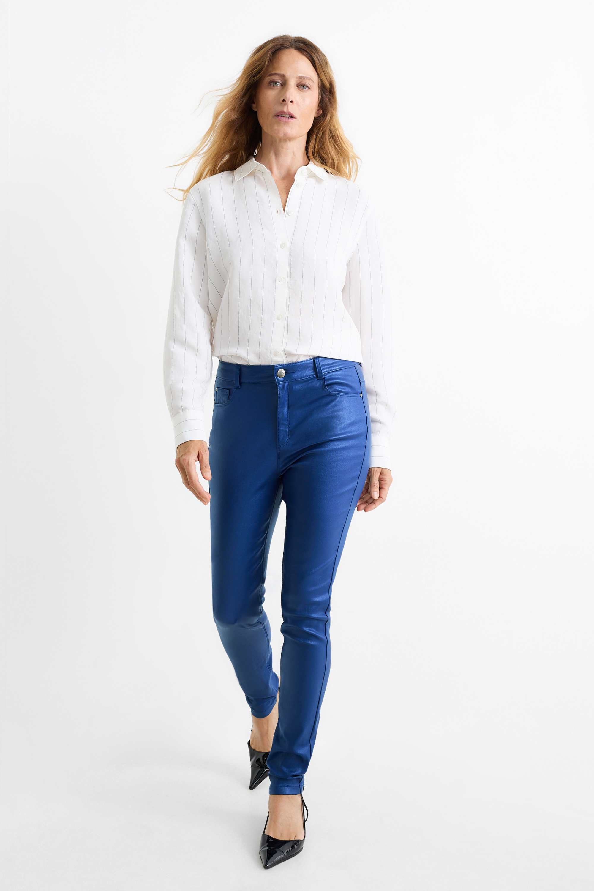 Trousers - high waist - skinny fit - shiny dark blue (6)