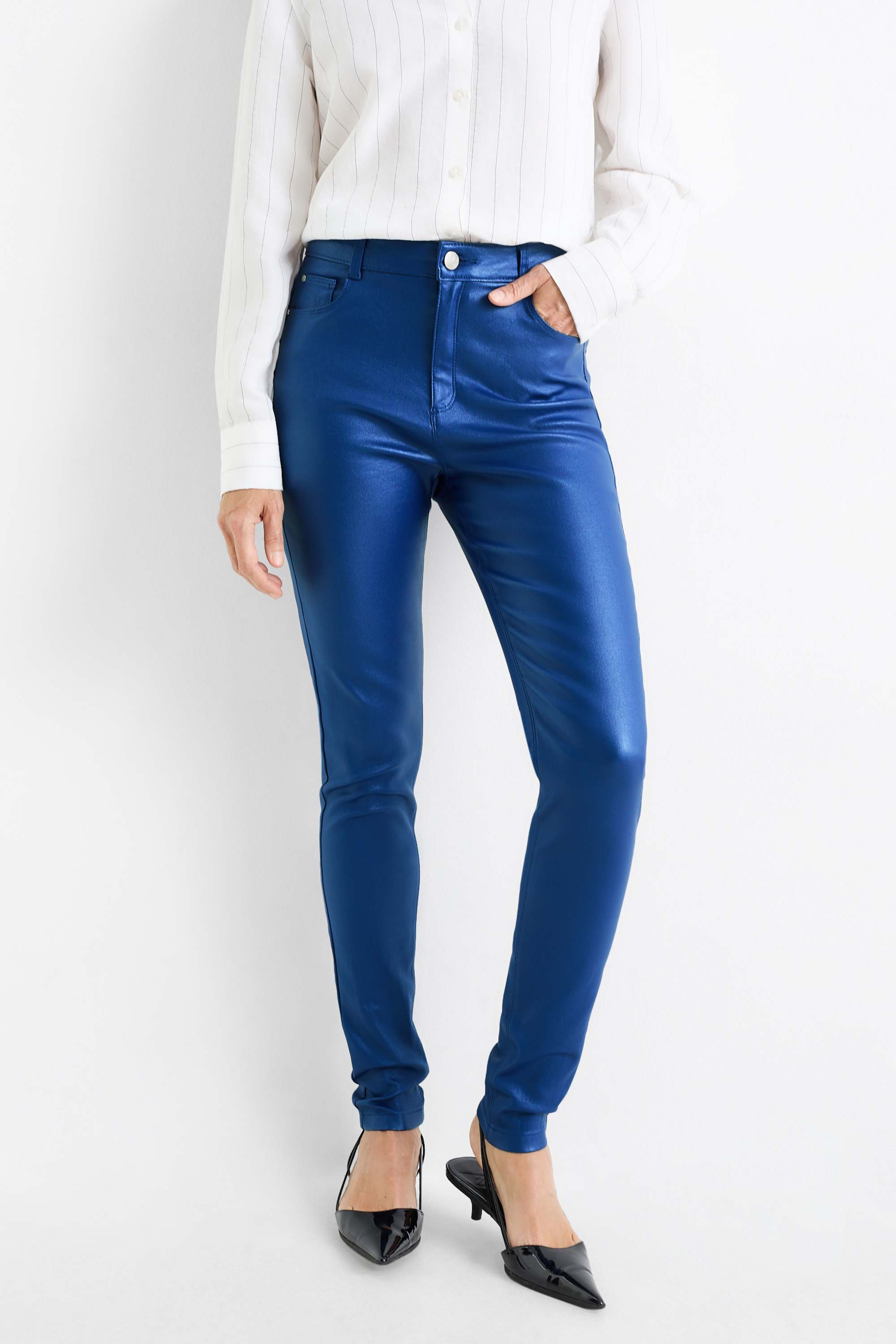 Trousers - high waist - skinny fit - shiny dark blue (6)
