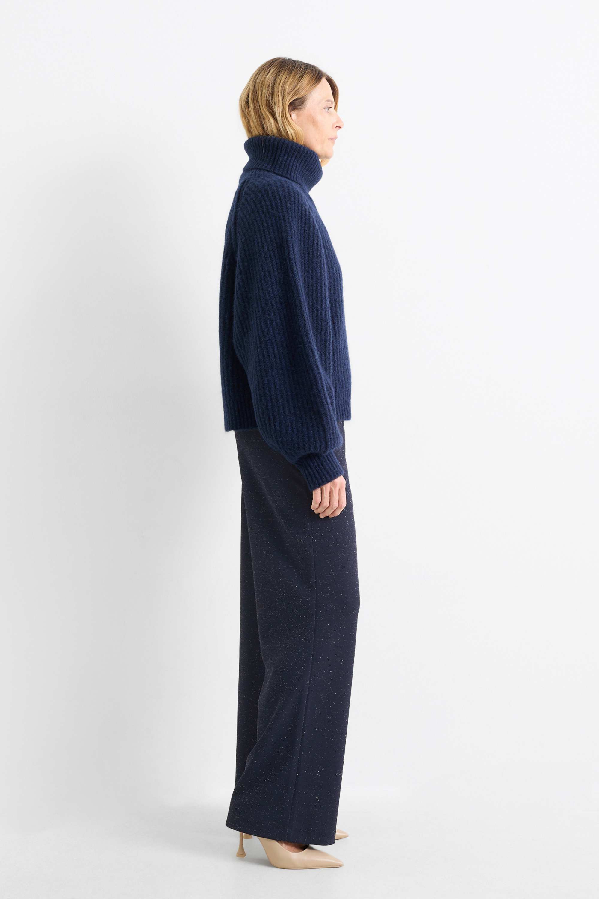 Jersey trousers - mid-rise waist - wide leg dark blue
