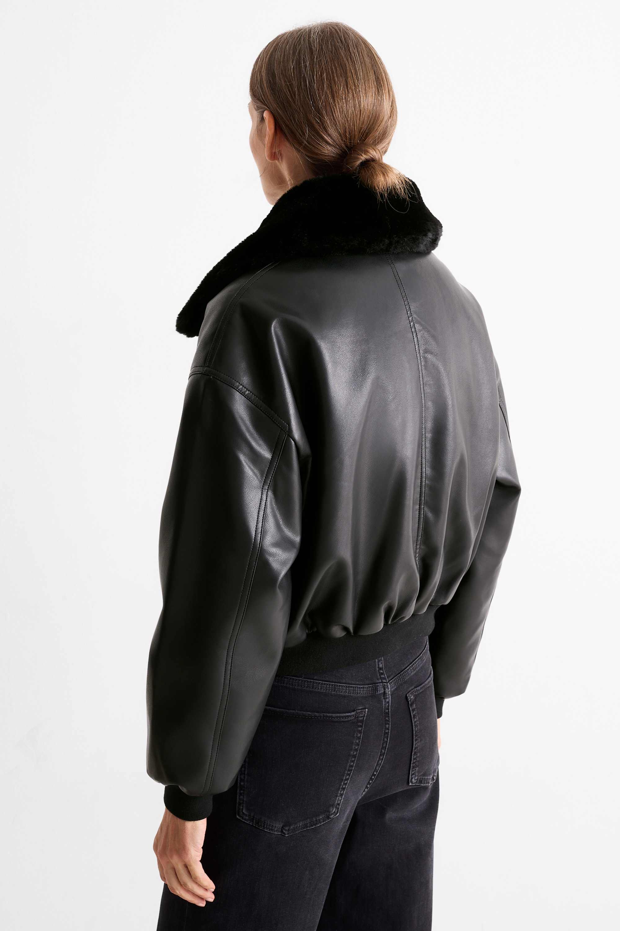 Bomber jacket with faux fur trim - faux leather black