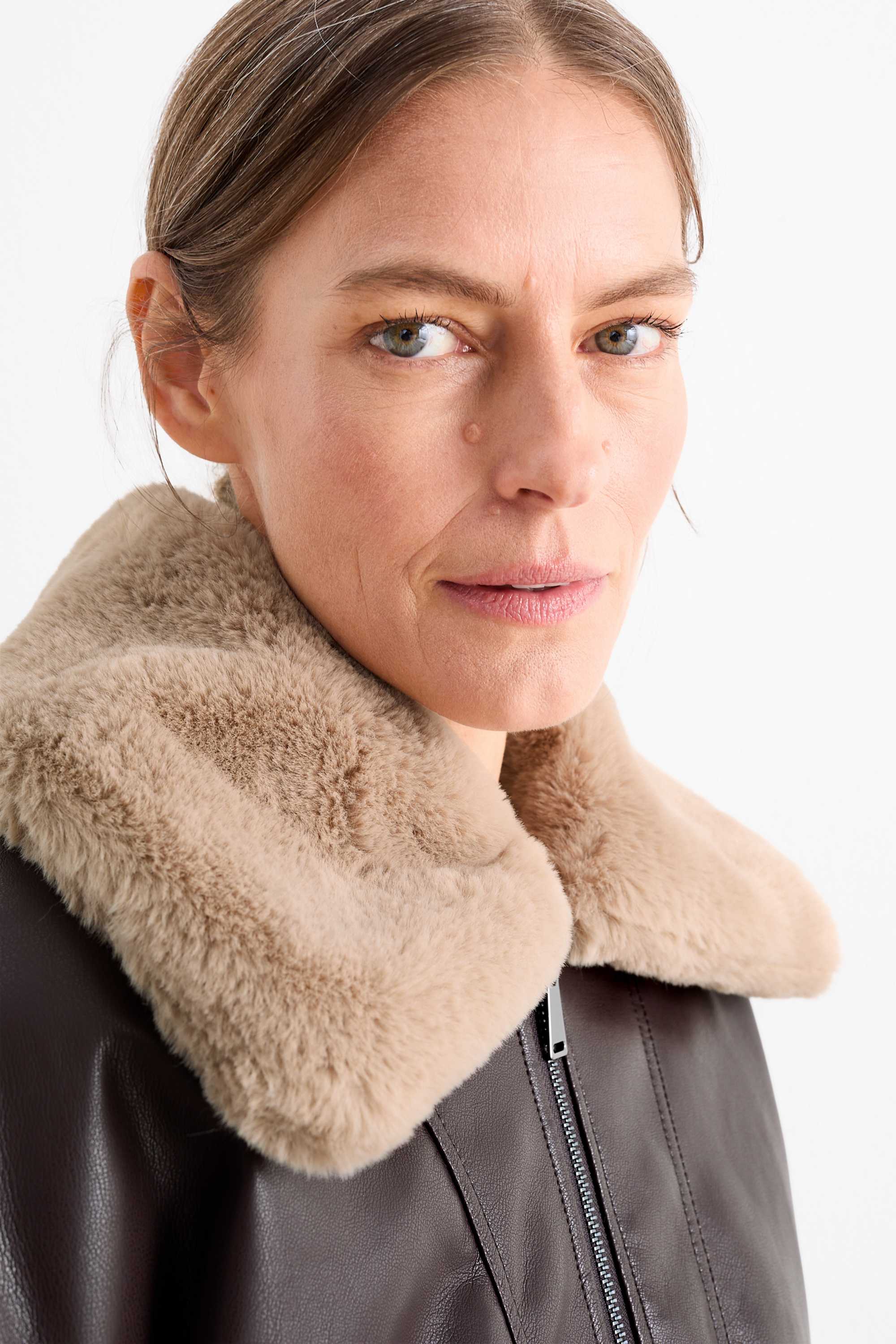Bomber jacket with faux fur trim - faux leather dark brown