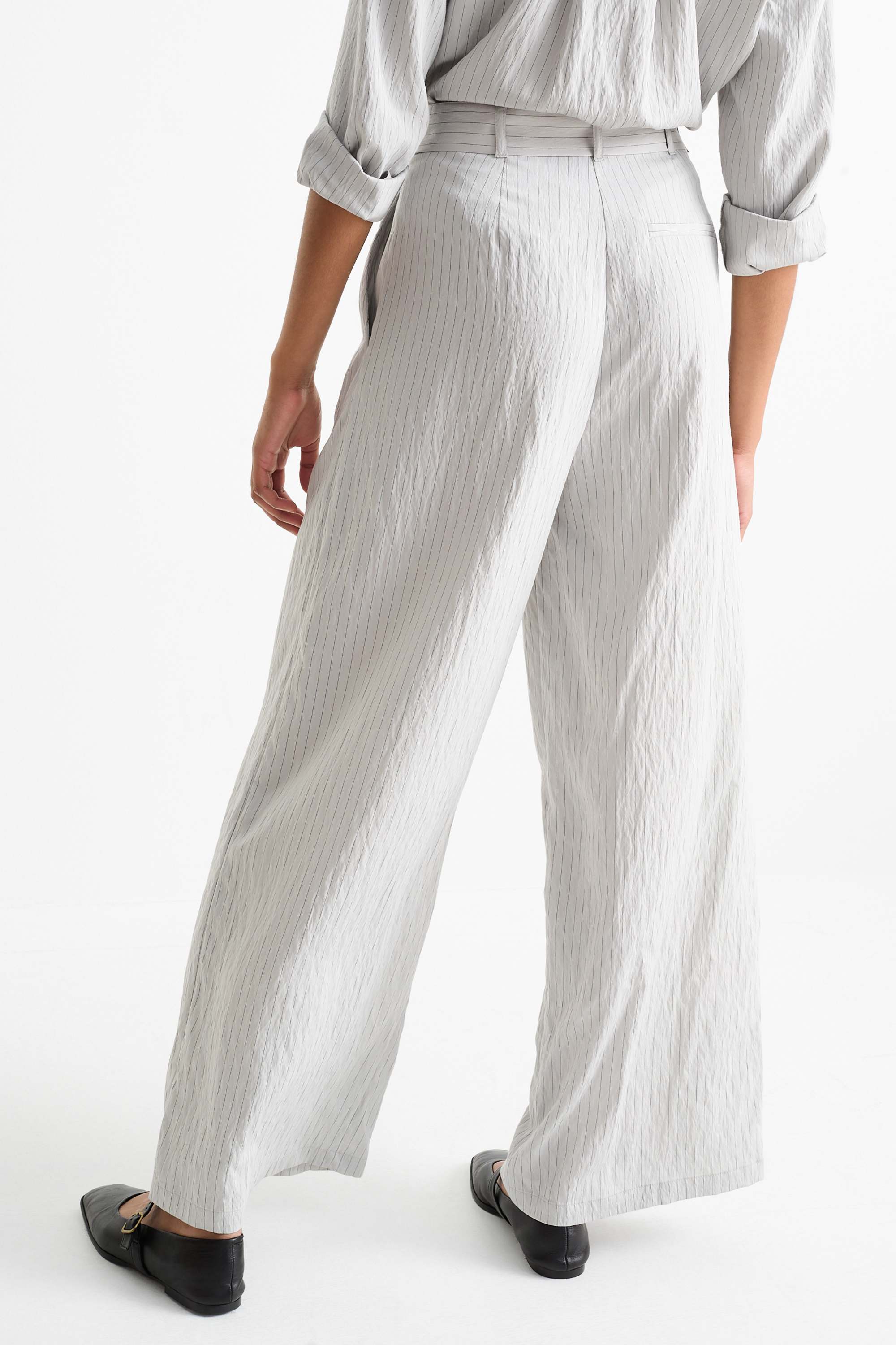 Cloth trousers with belt - high-rise waist - wide leg - pinstripes light gray
