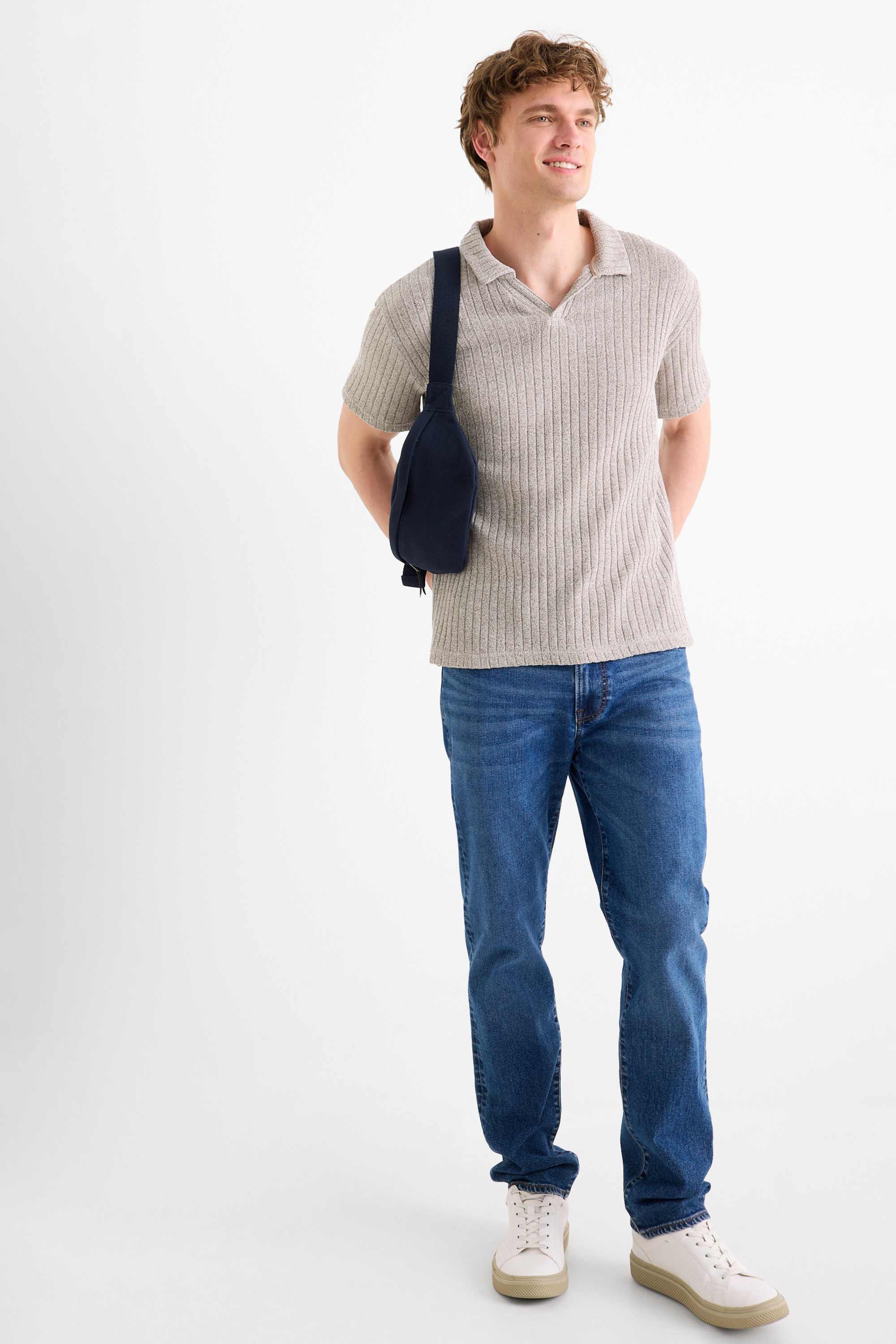 Knitted polo shirt - ribbed beige