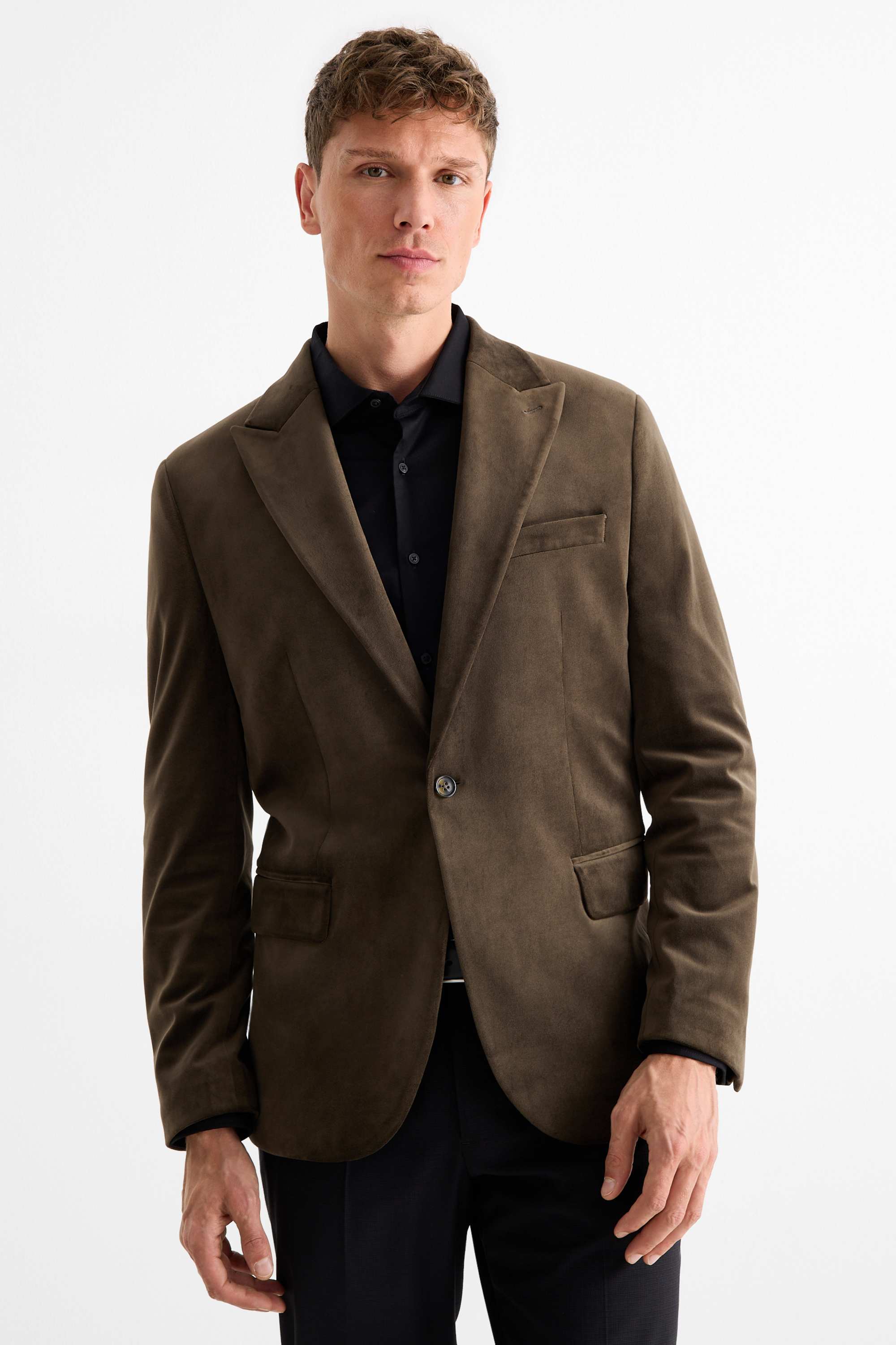 Tailored velvet jacket - slim fit - stretch dark green