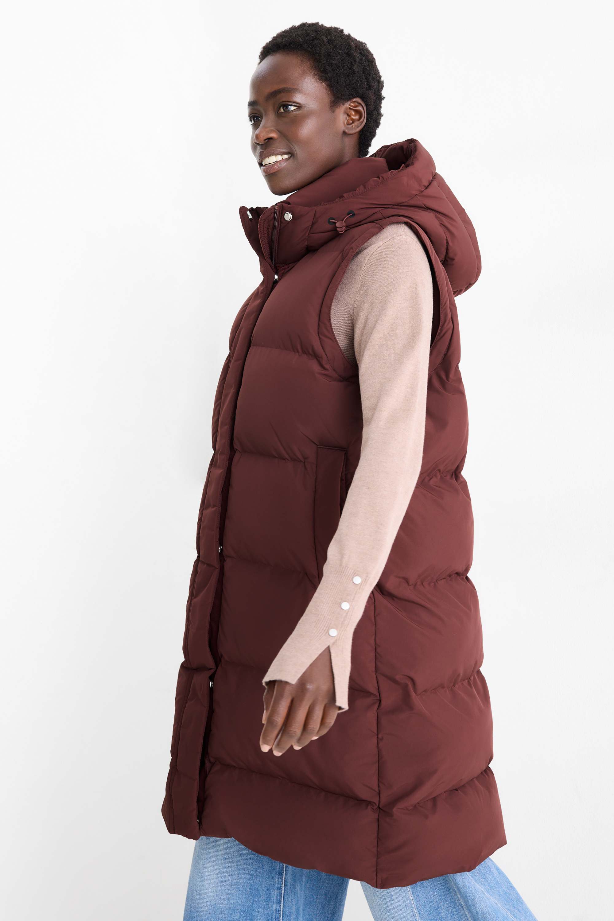 Quilted gilet with hood - water-repellent dark brown