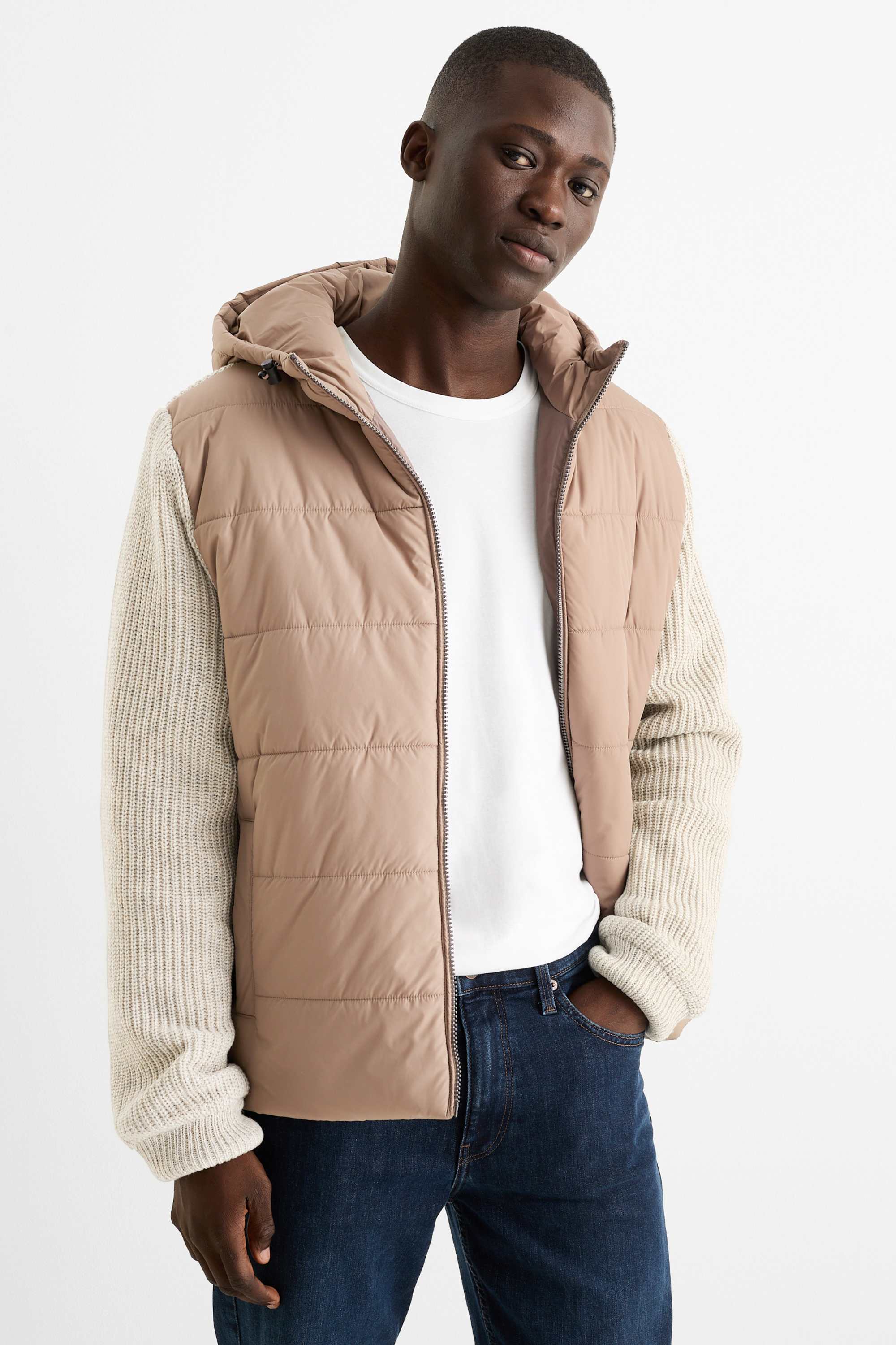 Quilted jacket with hood light beige