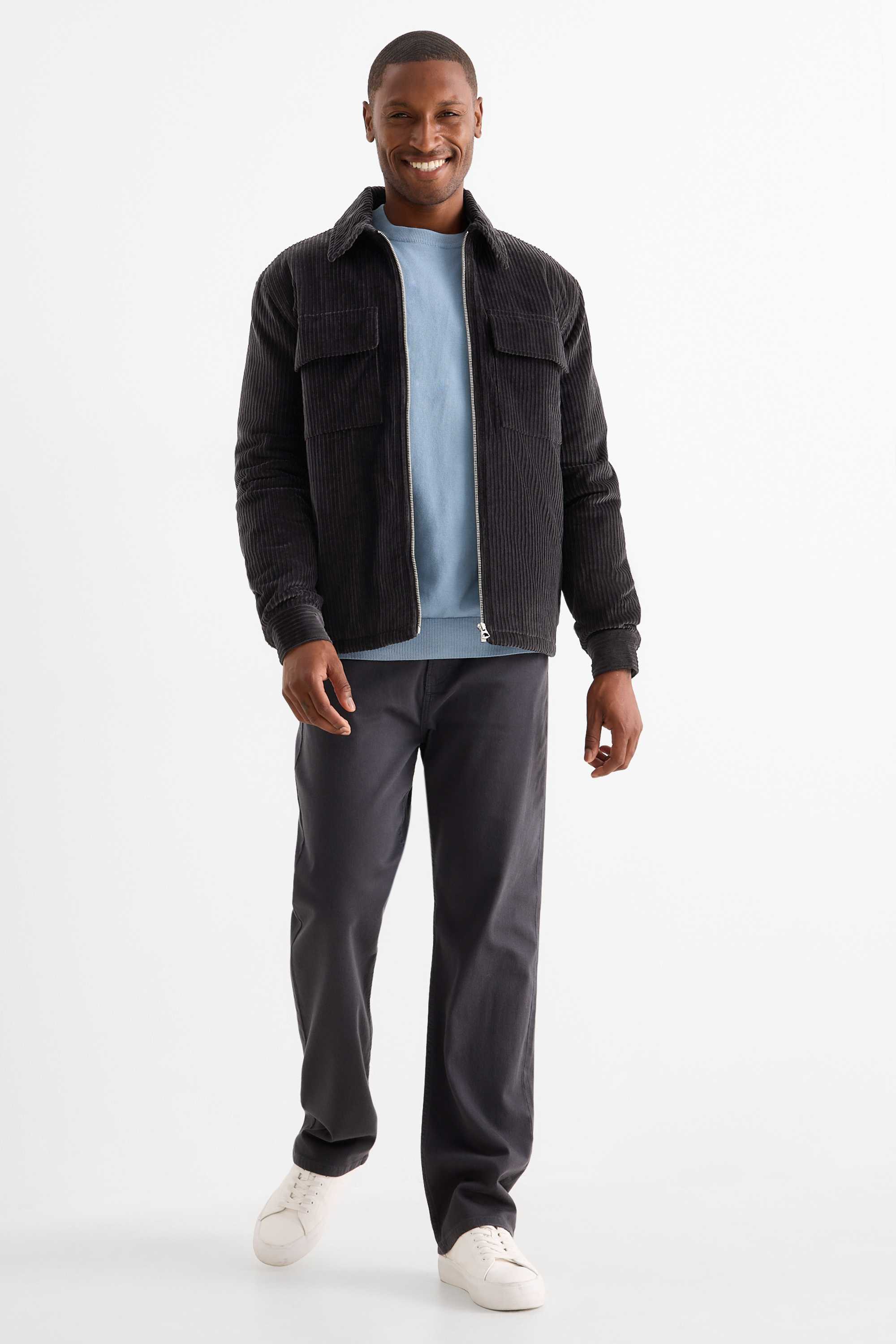 Corduroy shirt jacket - relaxed fit - lined - kent collar black