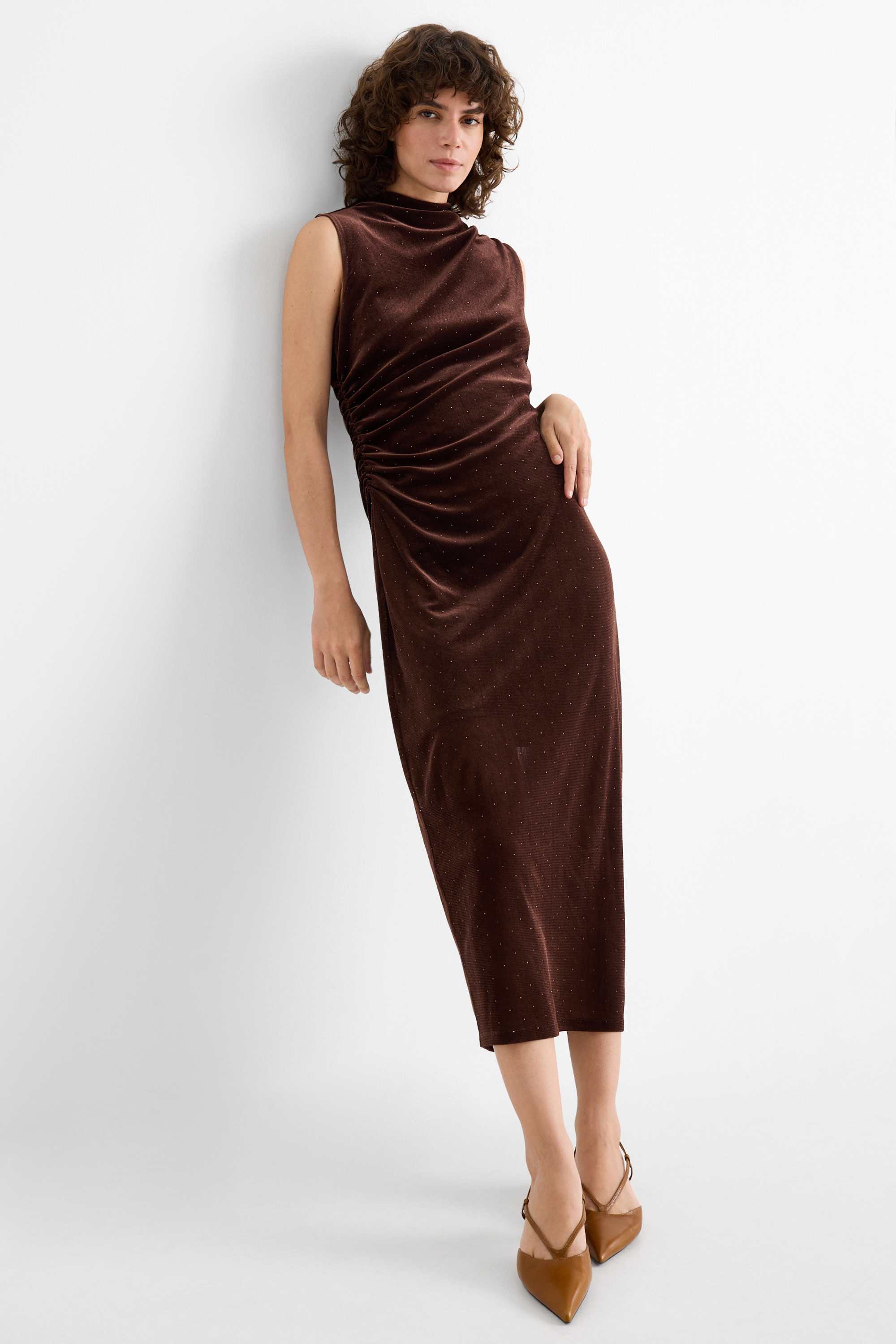 Velvet bodycon dress with rhinestones dark brown