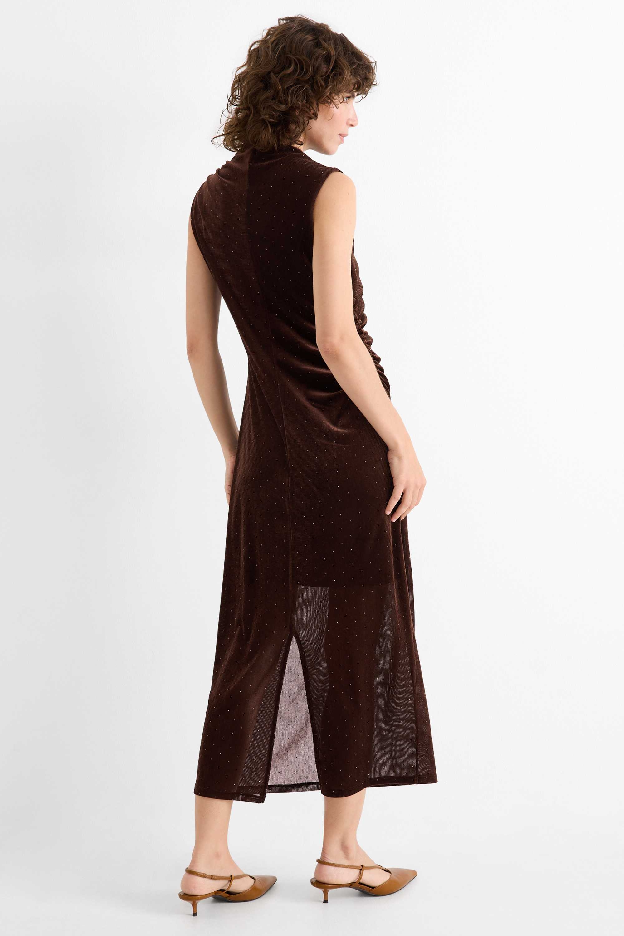 Velvet bodycon dress with rhinestones dark brown