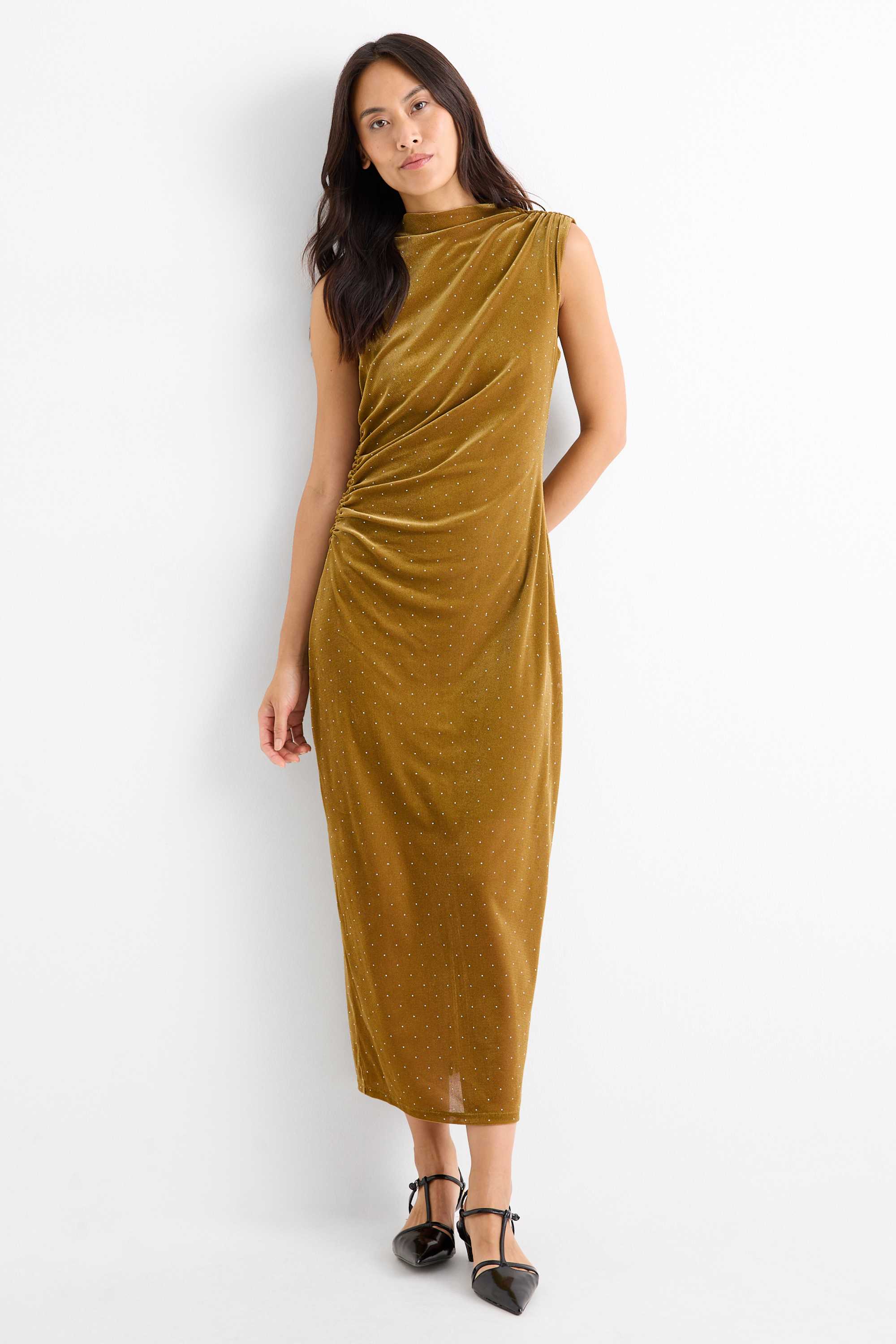 Velvet bodycon dress with rhinestones mustard yellow
