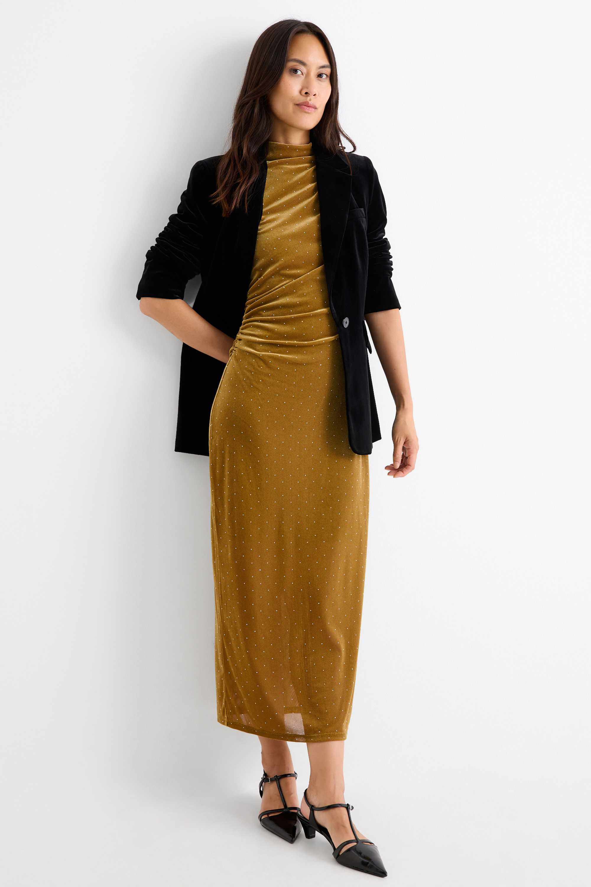 Velvet bodycon dress with rhinestones mustard yellow