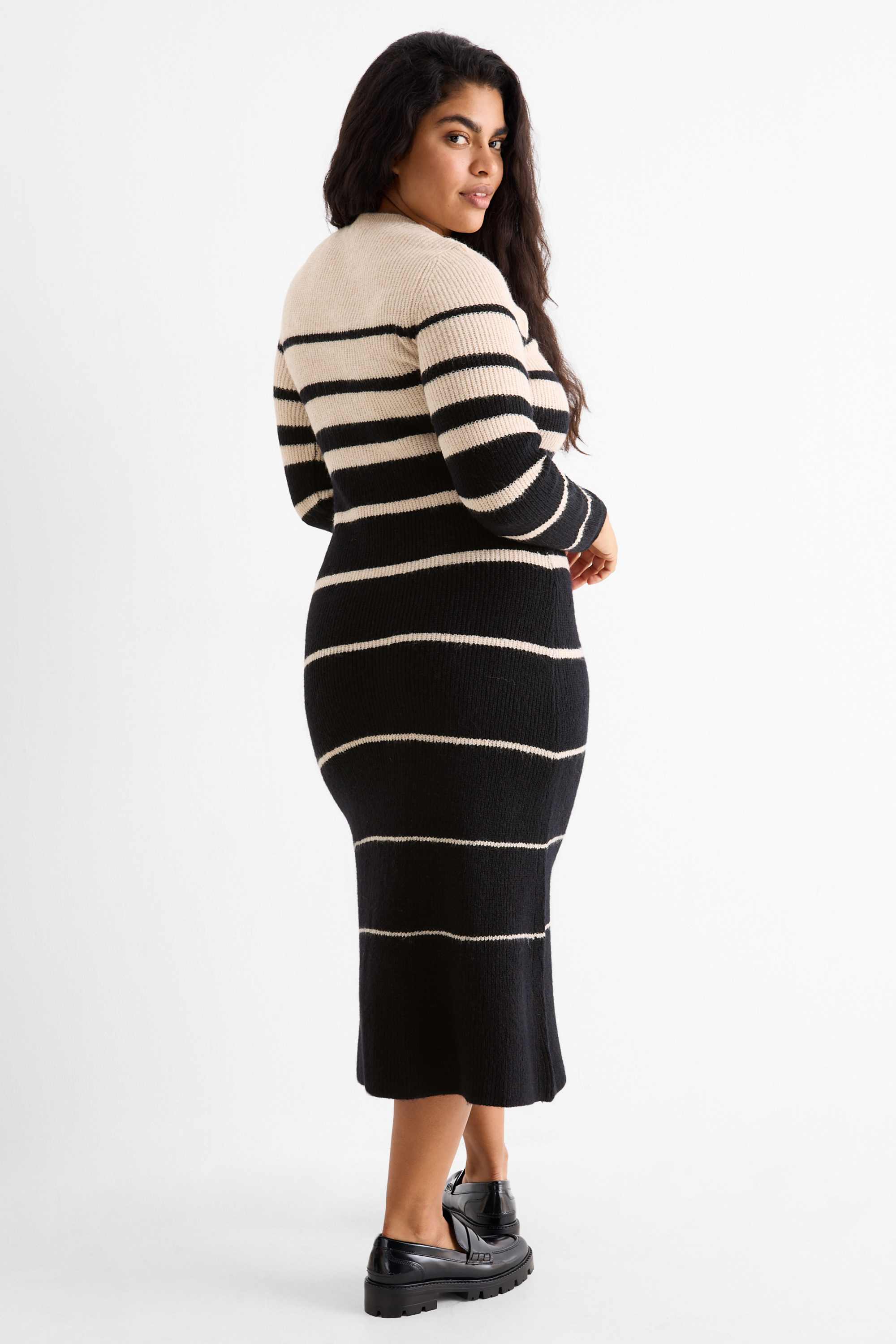 Fit & flare dress - ribbed - striped black / beige
