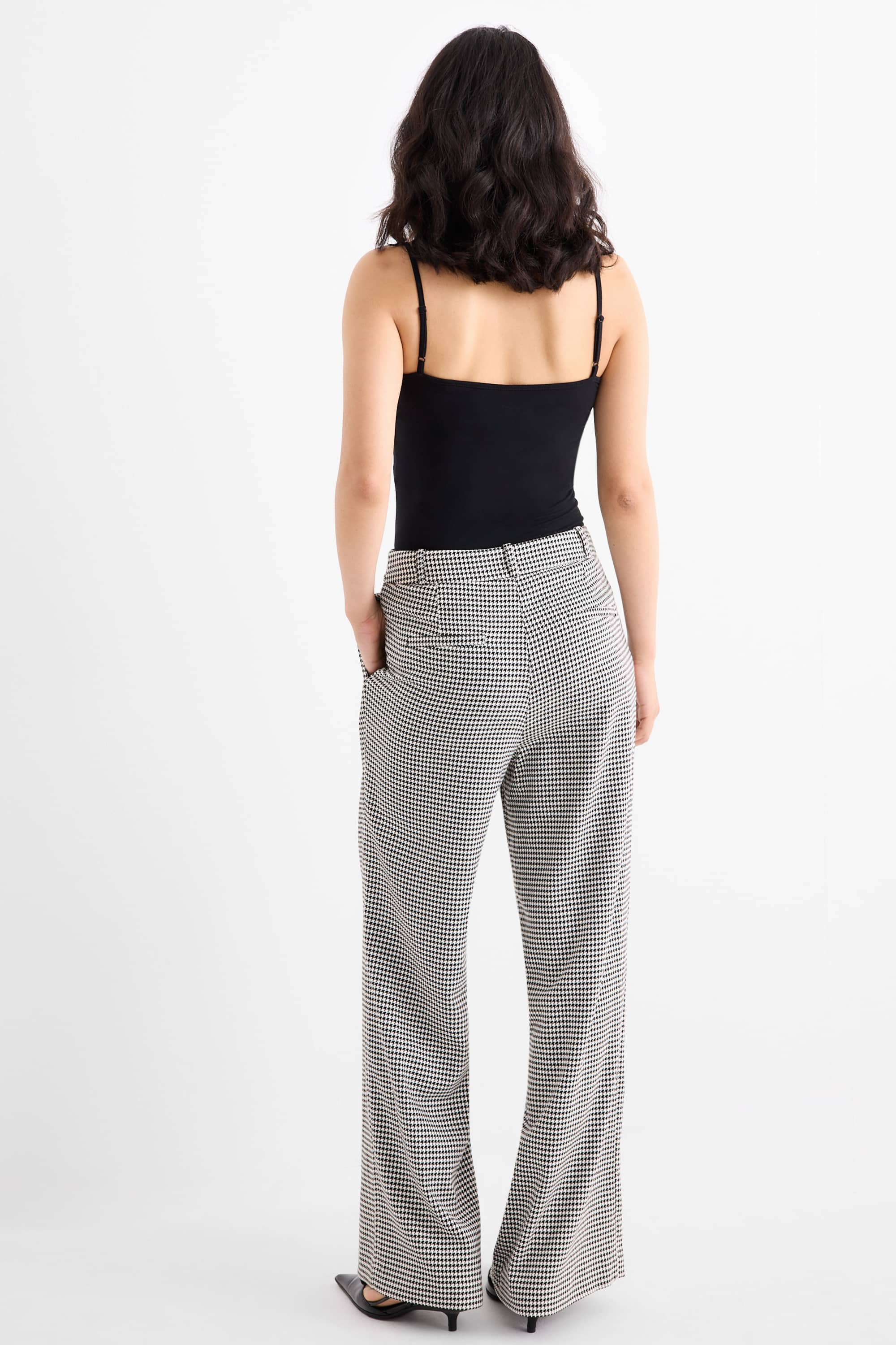 Business trousers - high waist - loose fit - check black / white