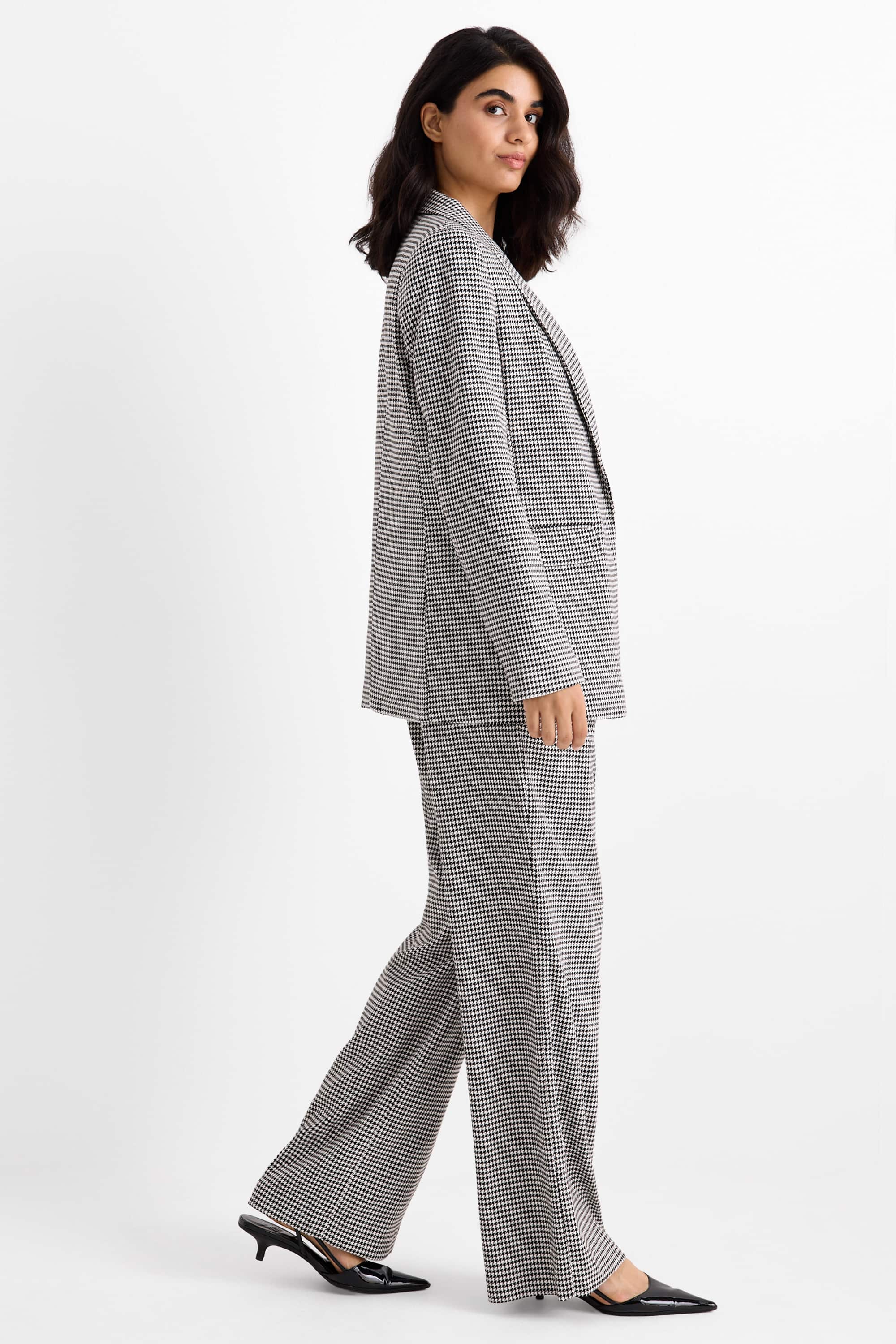 Business trousers - high waist - loose fit - check black / white