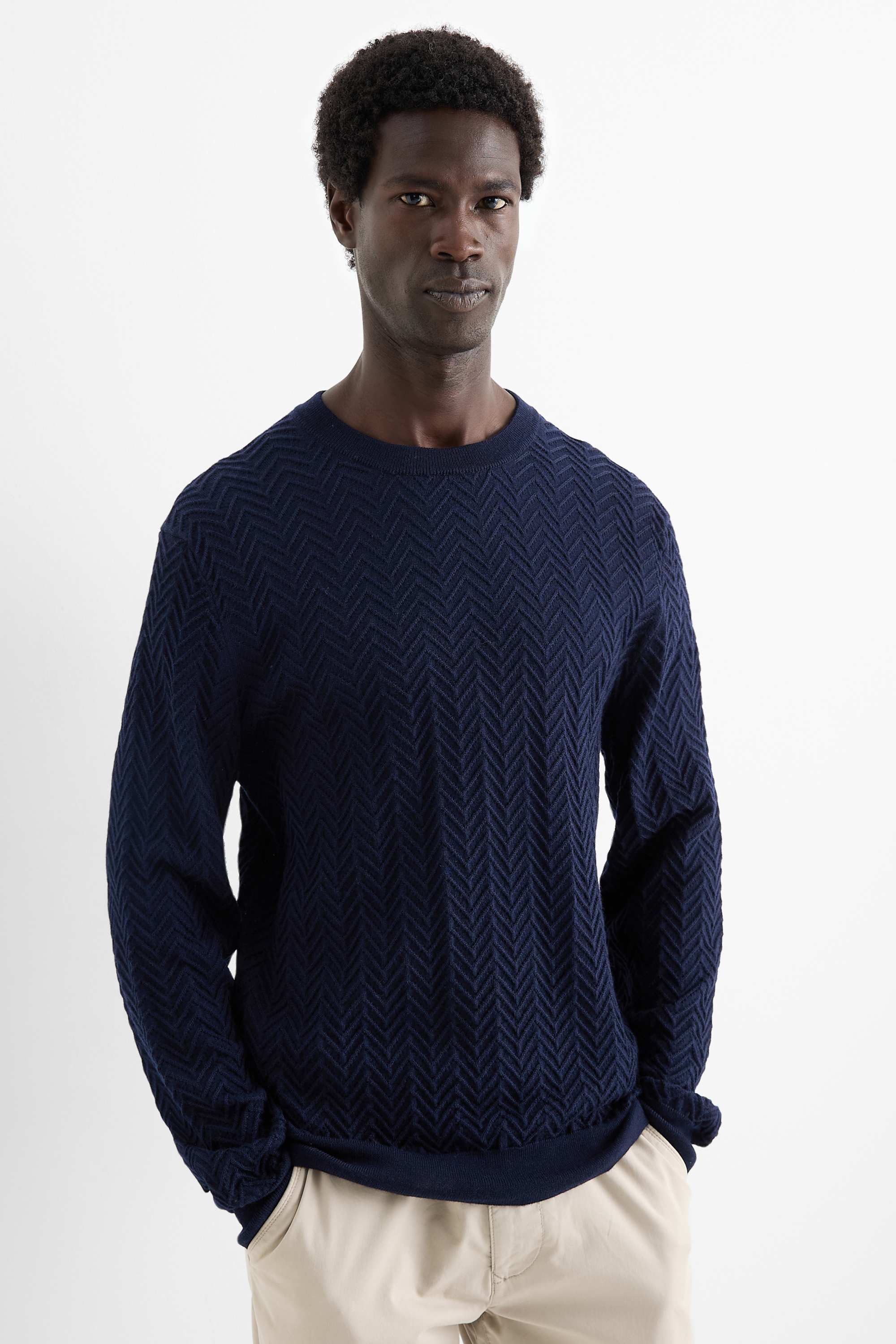 Jumper - wool blend - textured dark blue