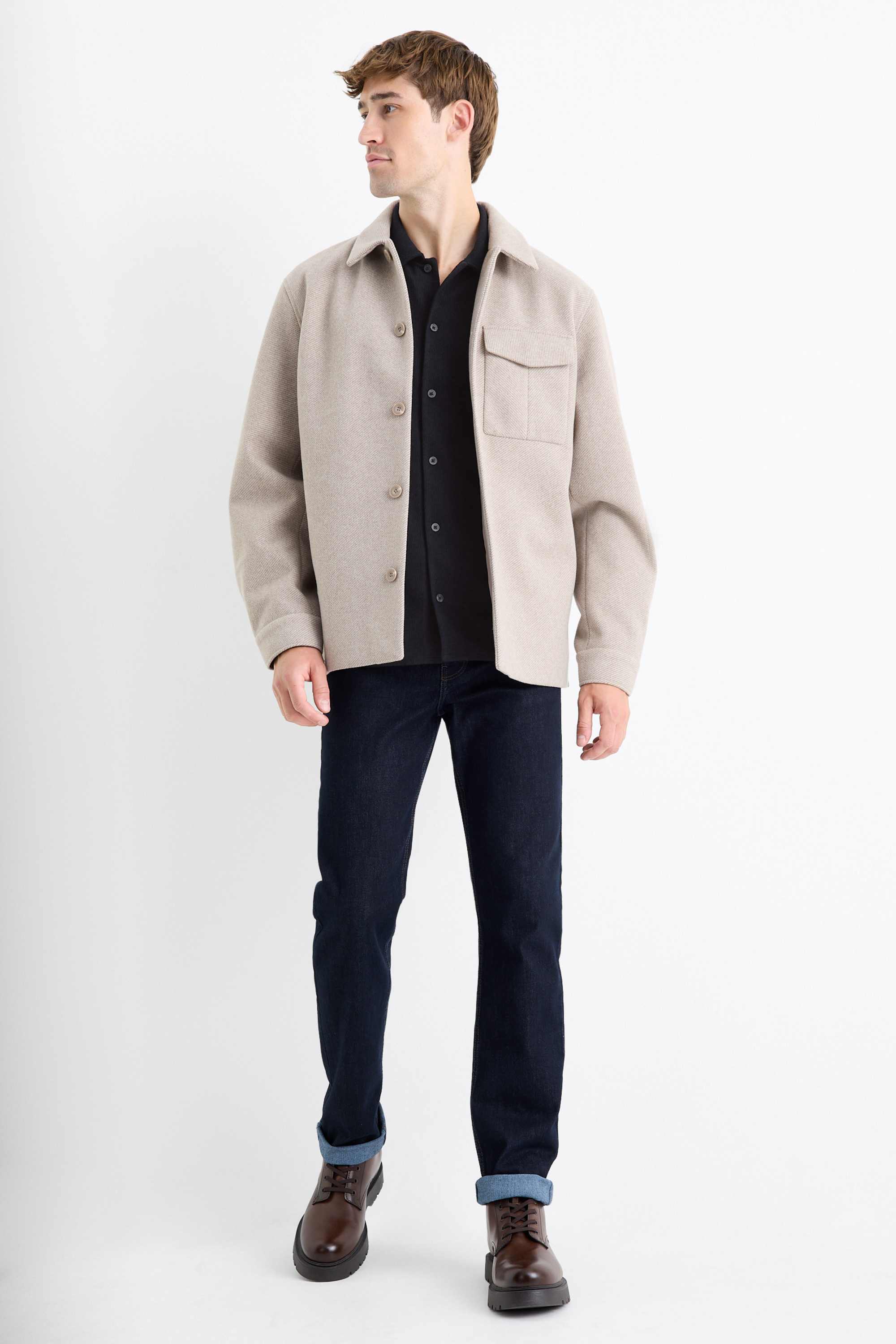 Knitted shirt - loose fit - lapel collar - ribbed black