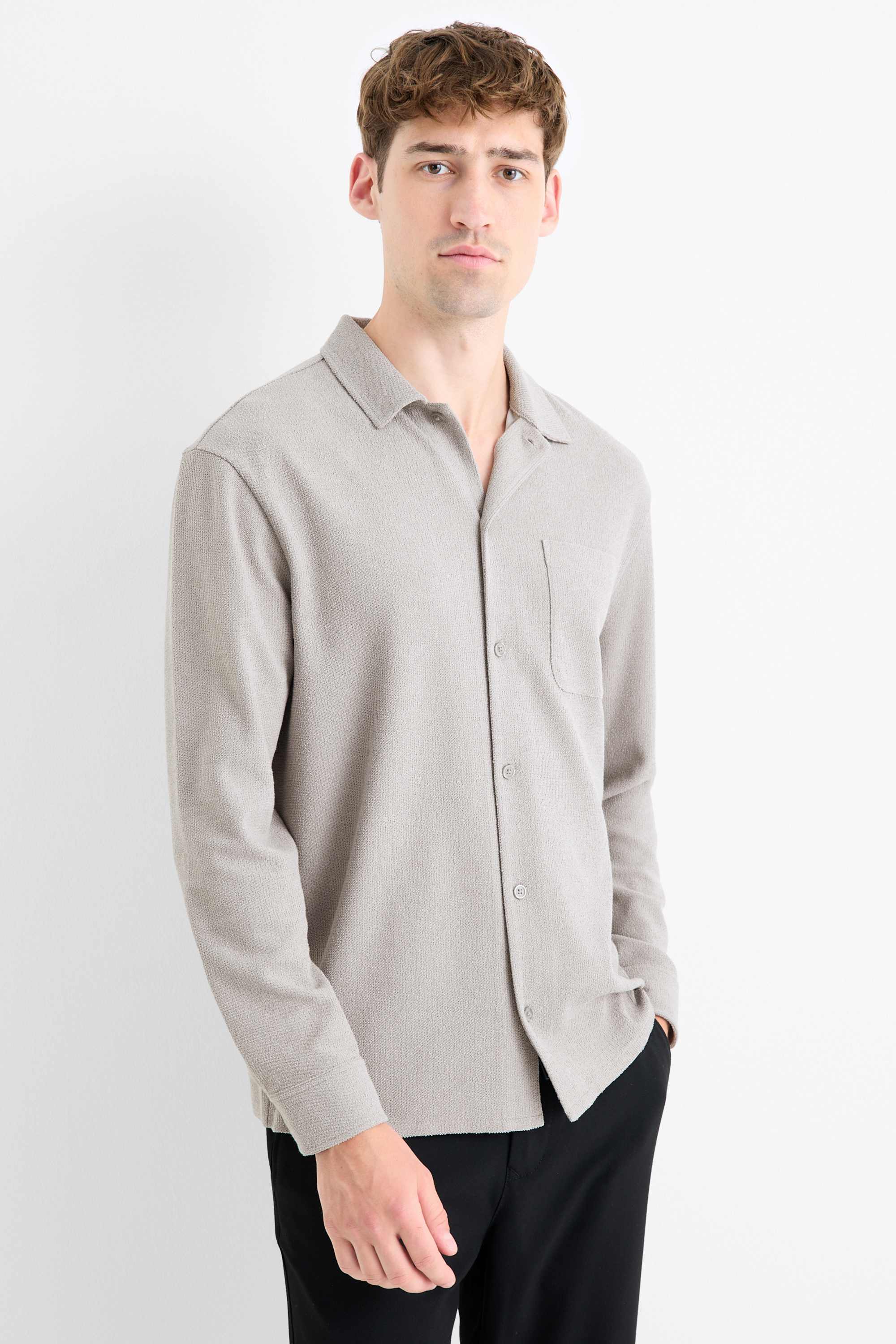 Knitted shirt - loose fit - lapel collar - ribbed gray
