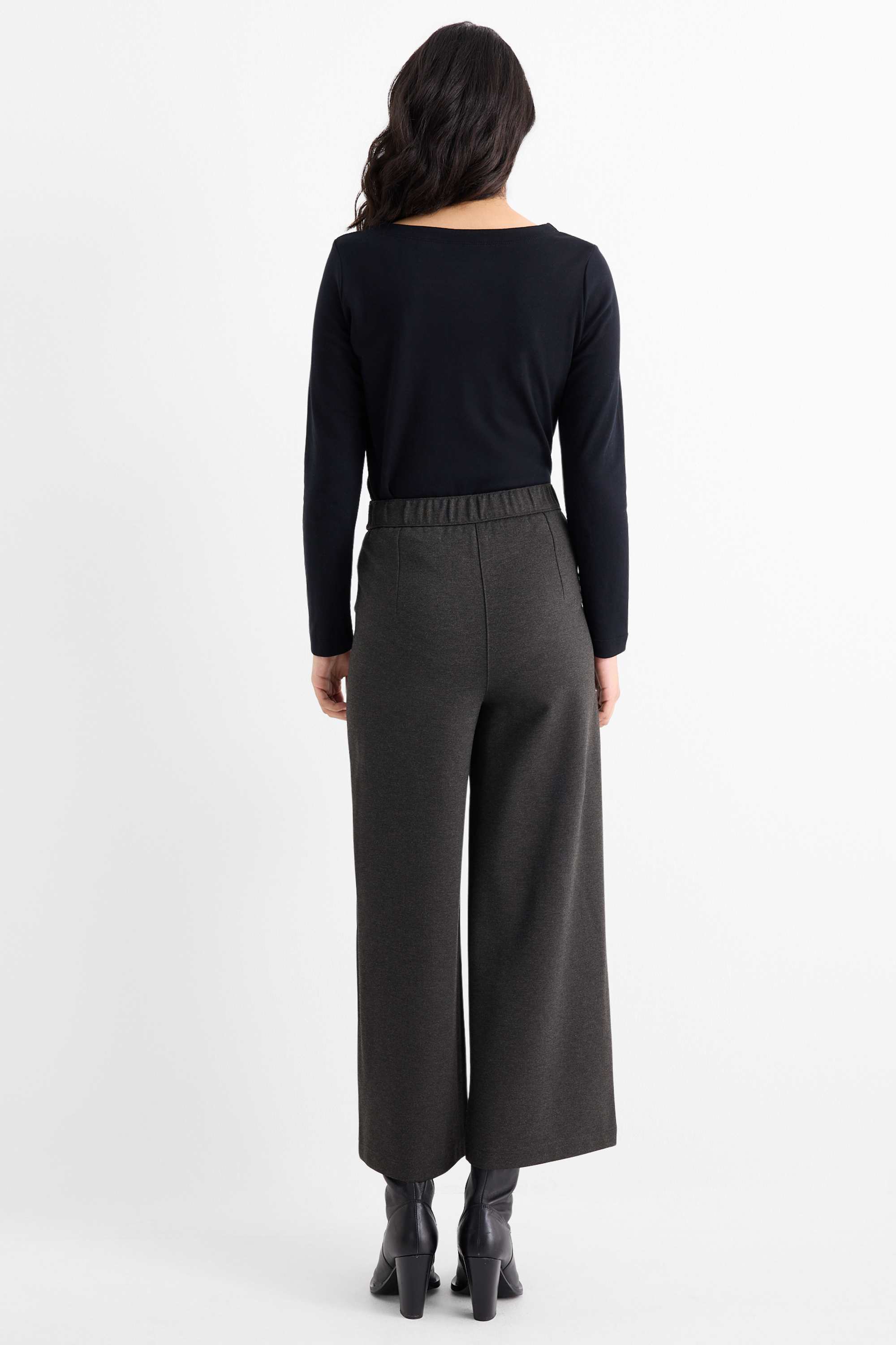 Jersey trousers with belt - high-rise waist - wide leg dark gray