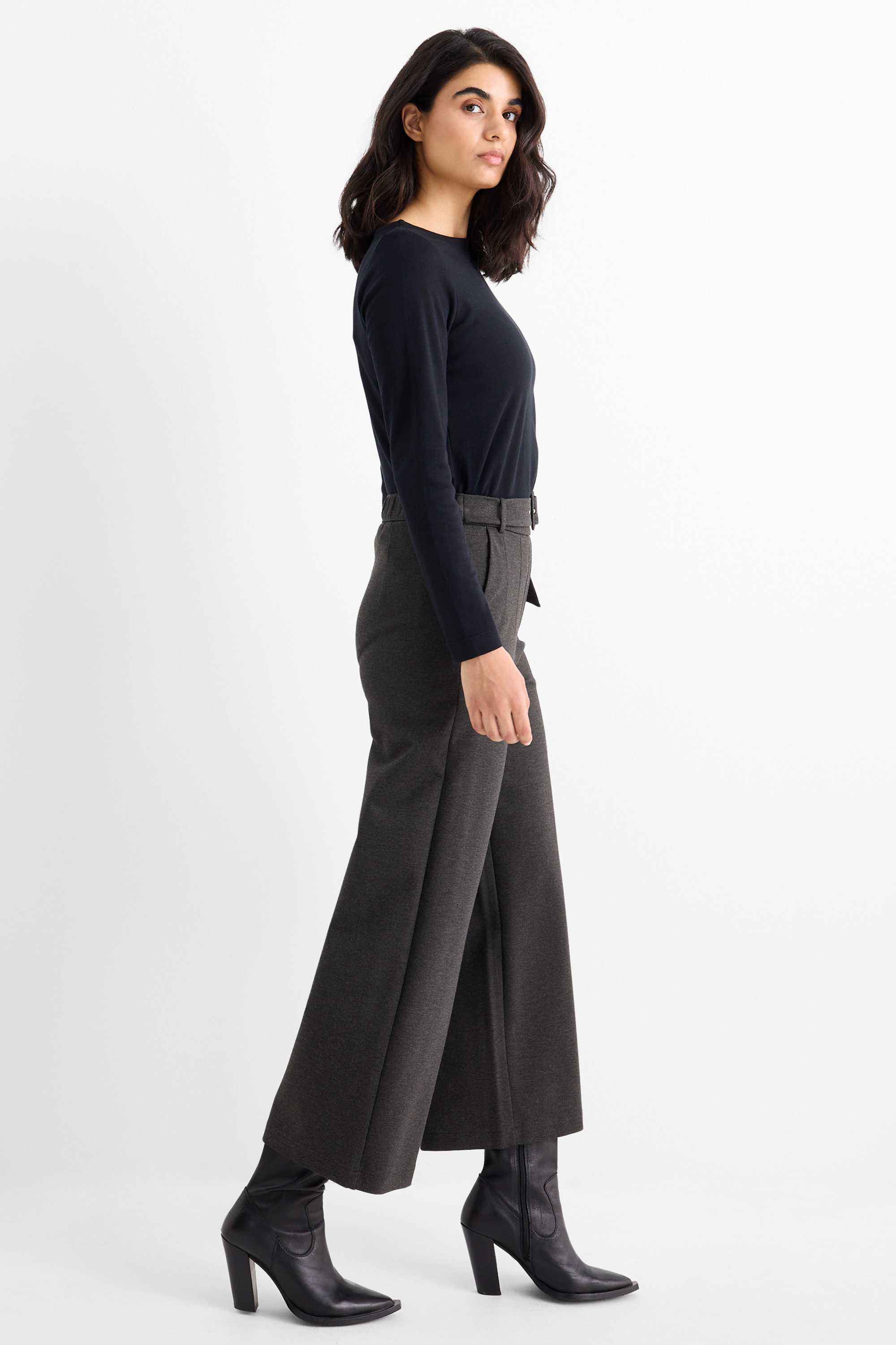 Jersey trousers with belt - high-rise waist - wide leg dark gray