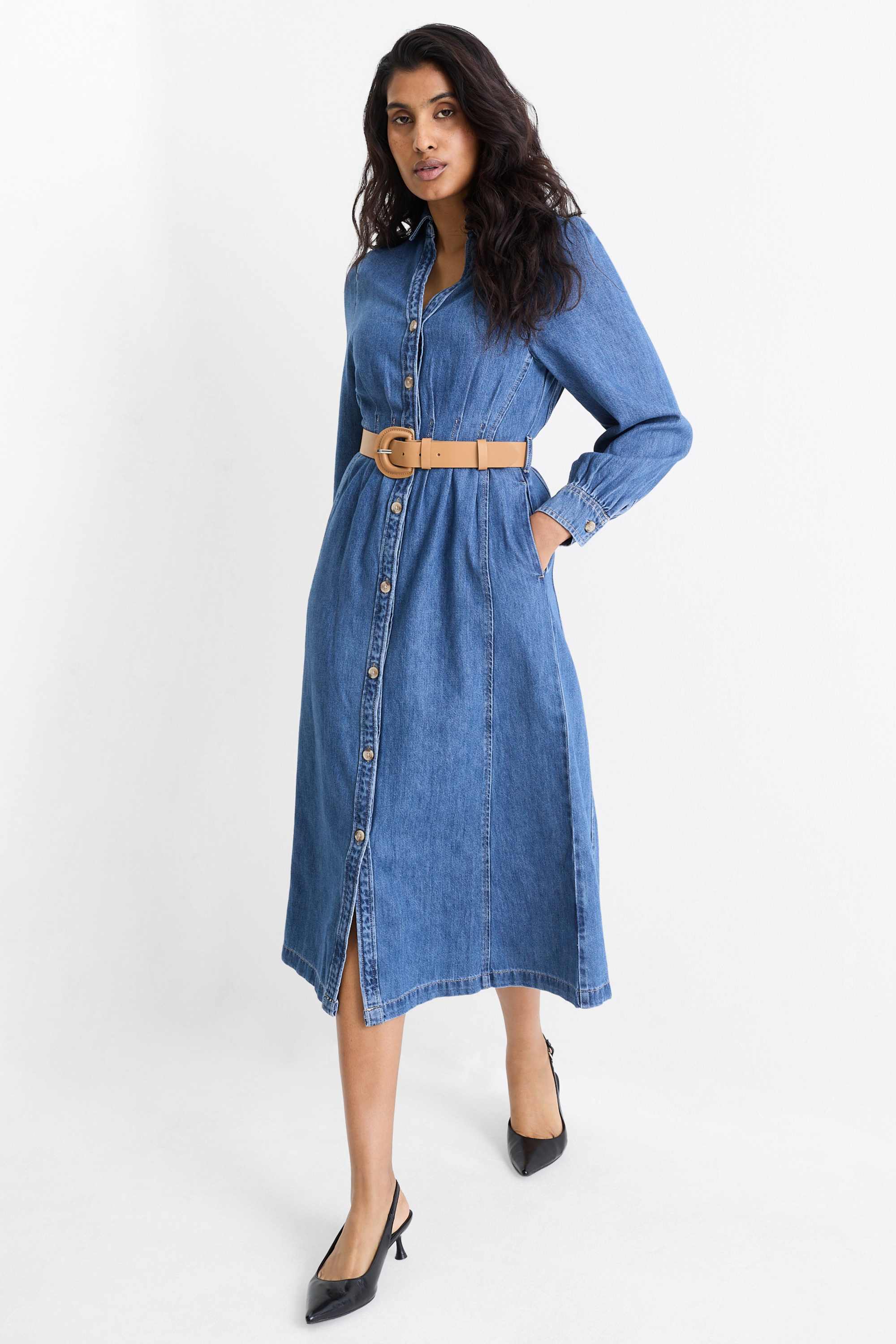 Denim shirt dress with V-neck and belt blue denim