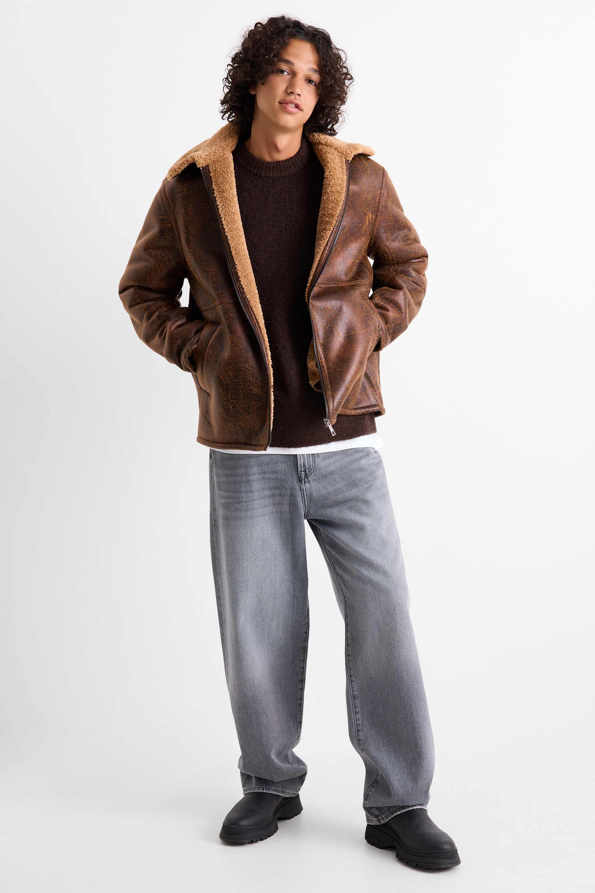 Faux shearling jacket - faux leather brown