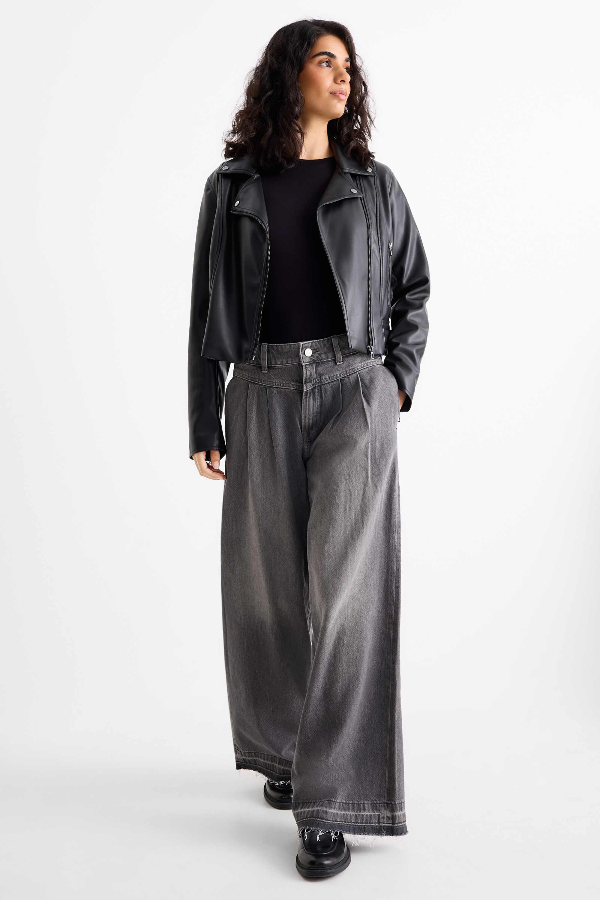 Wide leg jeans - mid-rise waist denim-gray