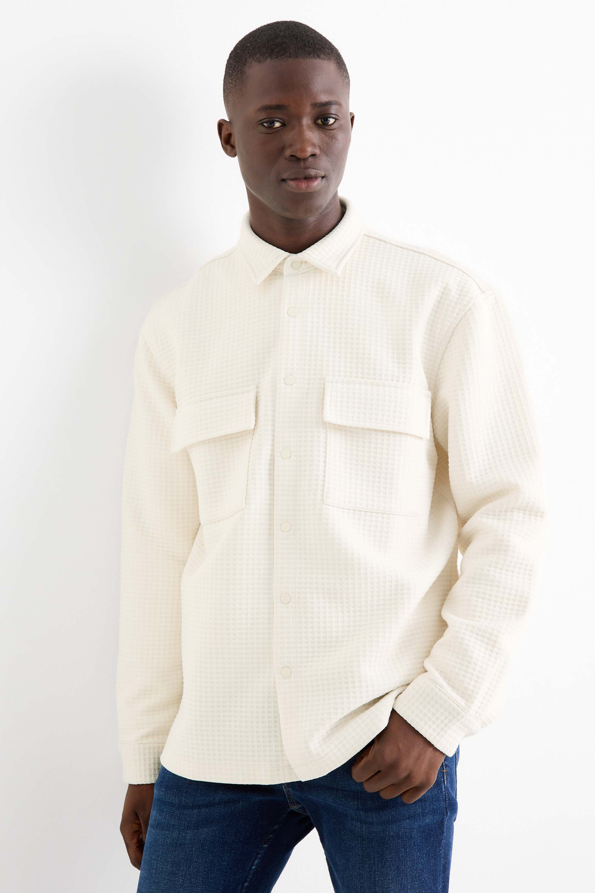 Shirt jacket - relaxed fit - kent collar - textured cremewhite