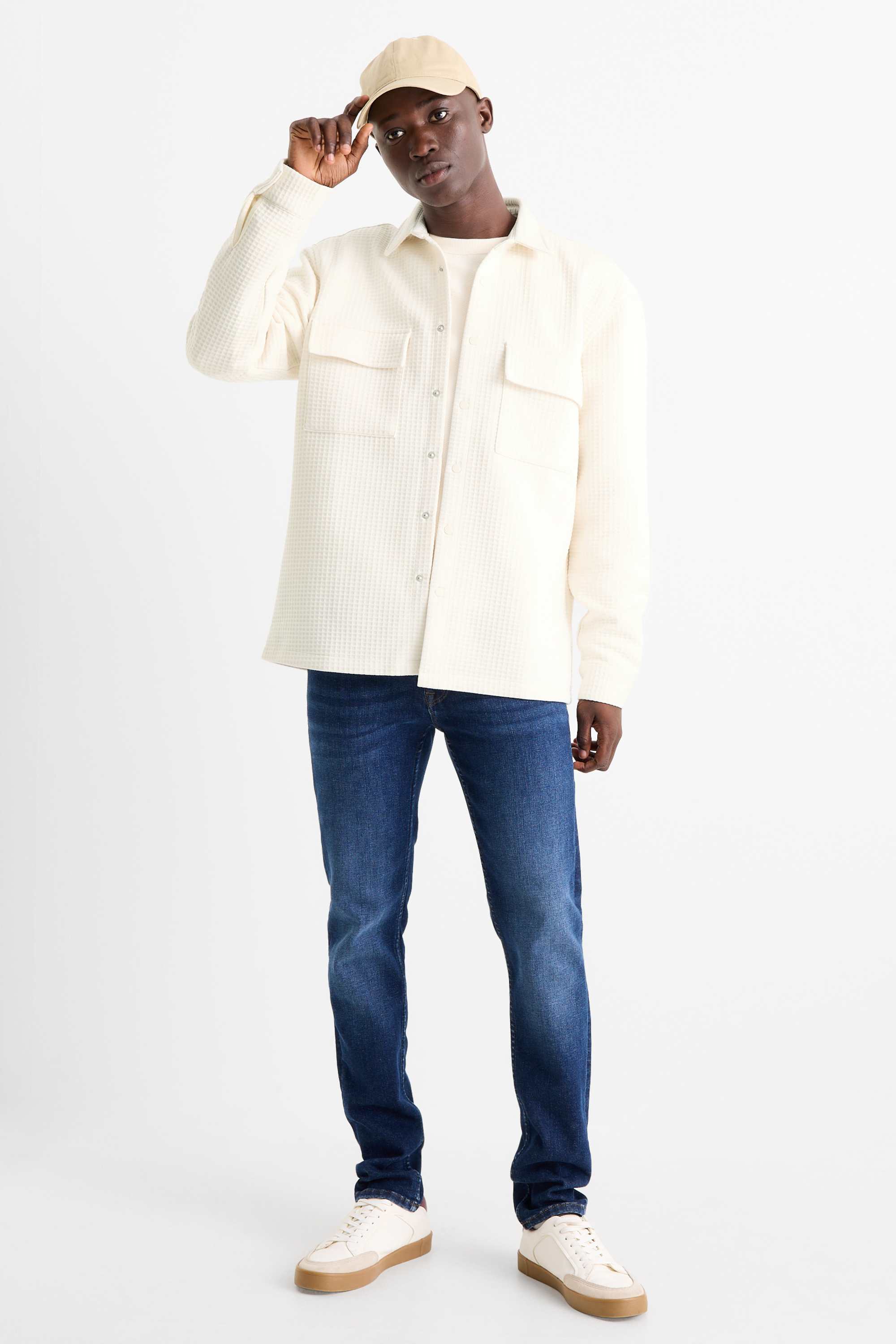 Shirt jacket - relaxed fit - kent collar - textured cremewhite