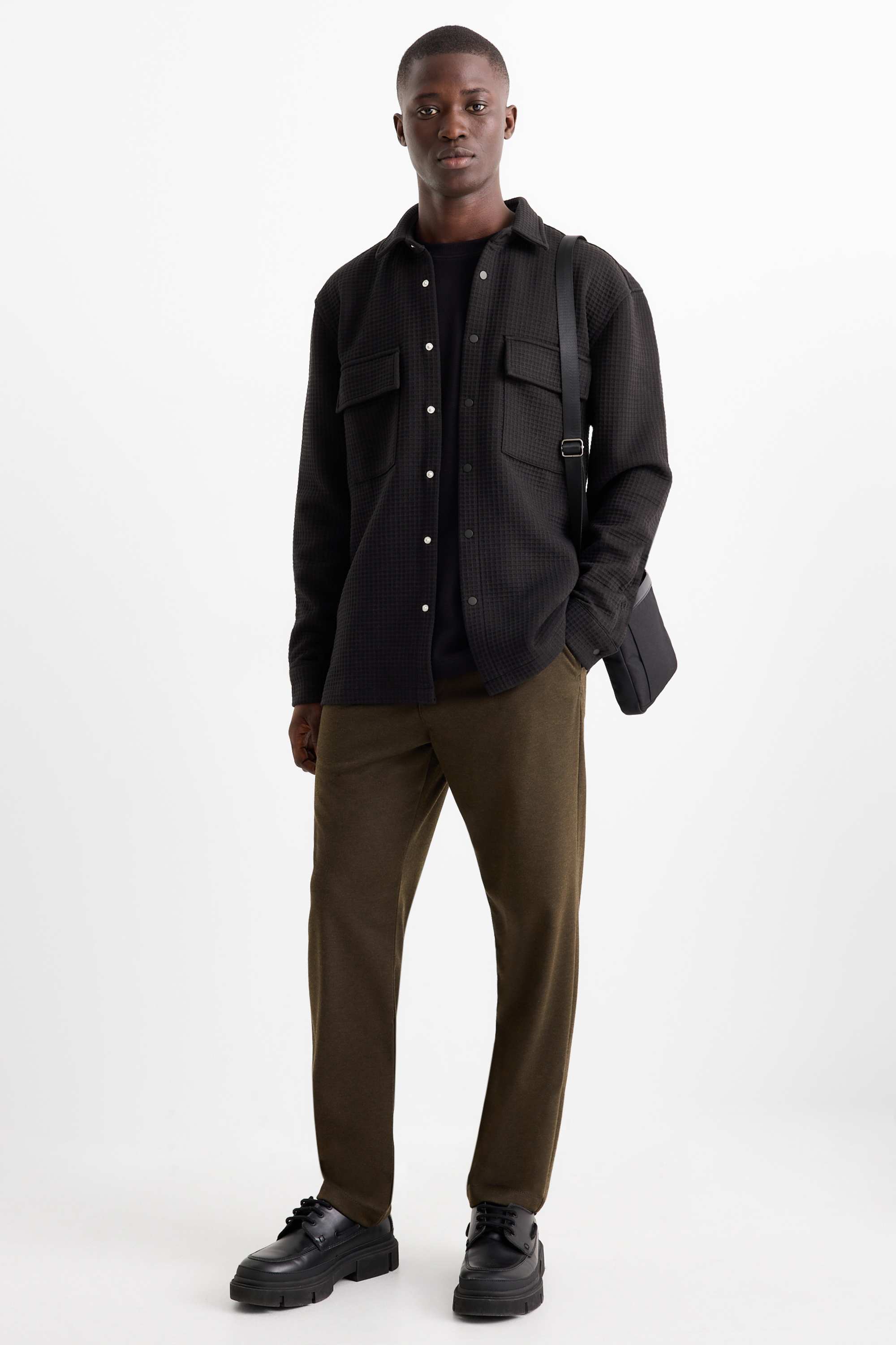 Shirt jacket - relaxed fit - kent collar - textured black