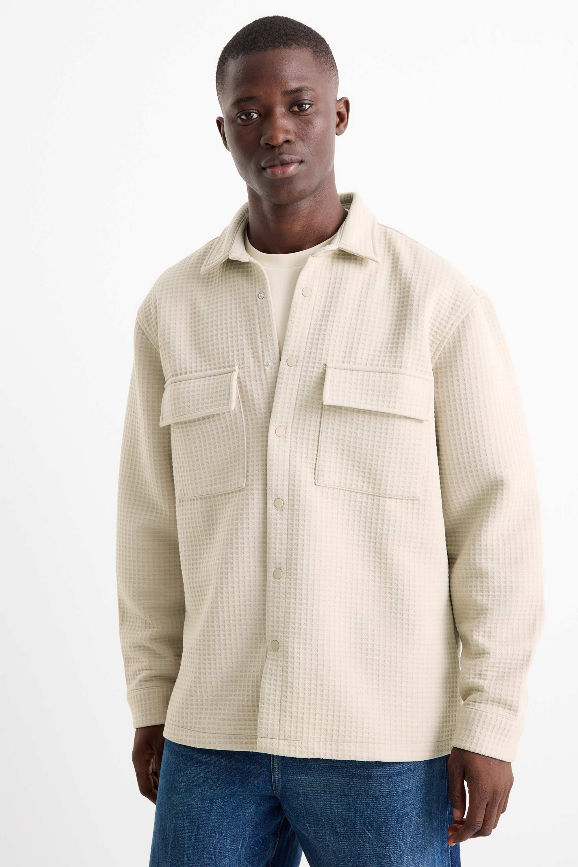 Shirt jacket - relaxed fit - kent collar - textured beige