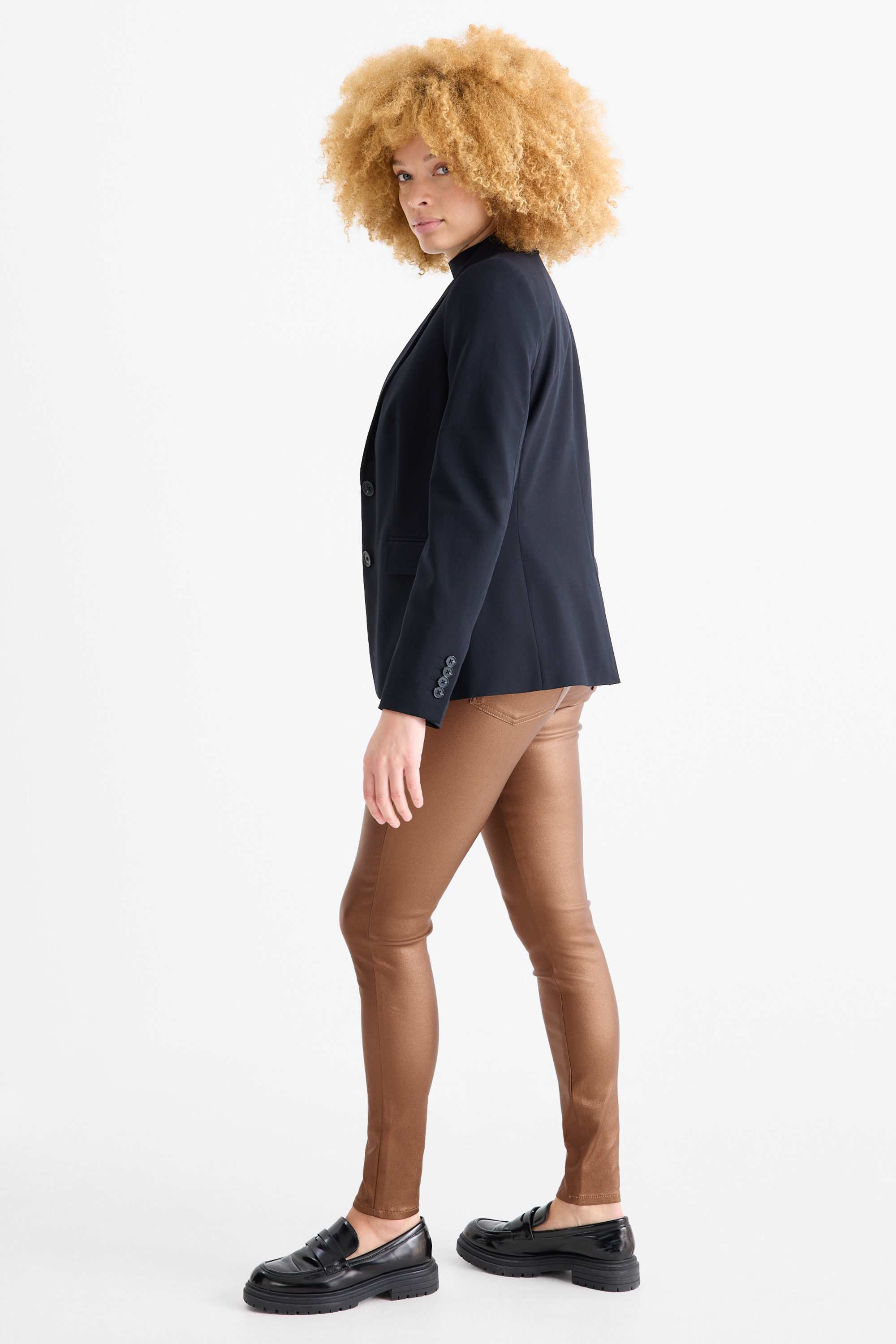 Cloth trousers - high waist - skinny fit - faux leather brown