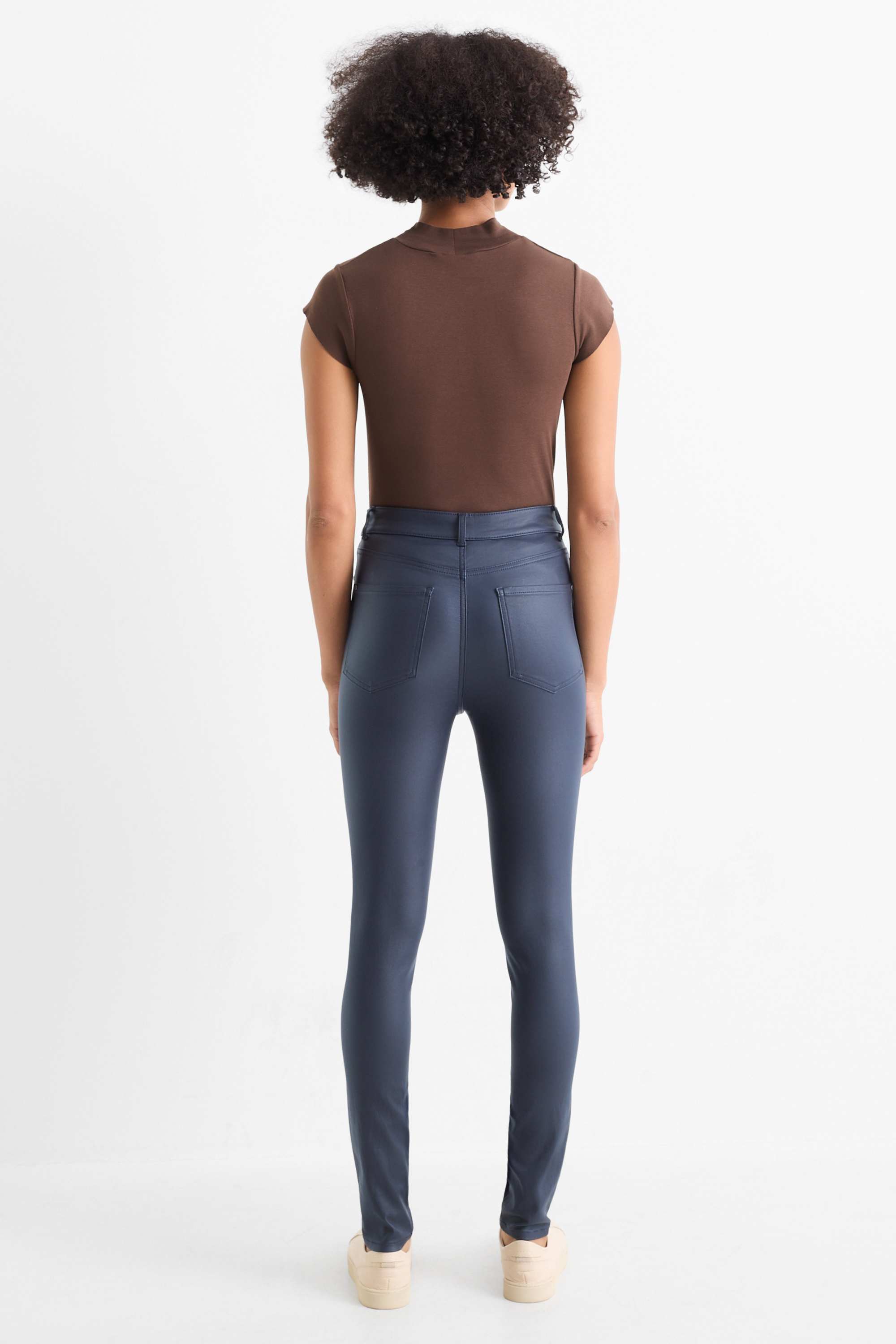 Cloth trousers - high waist - skinny fit - faux leather dark blue