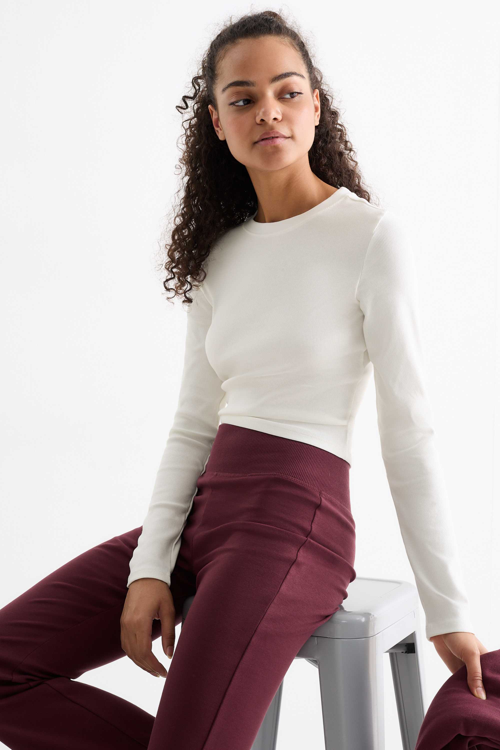 Cropped long sleeve top - ribbed white