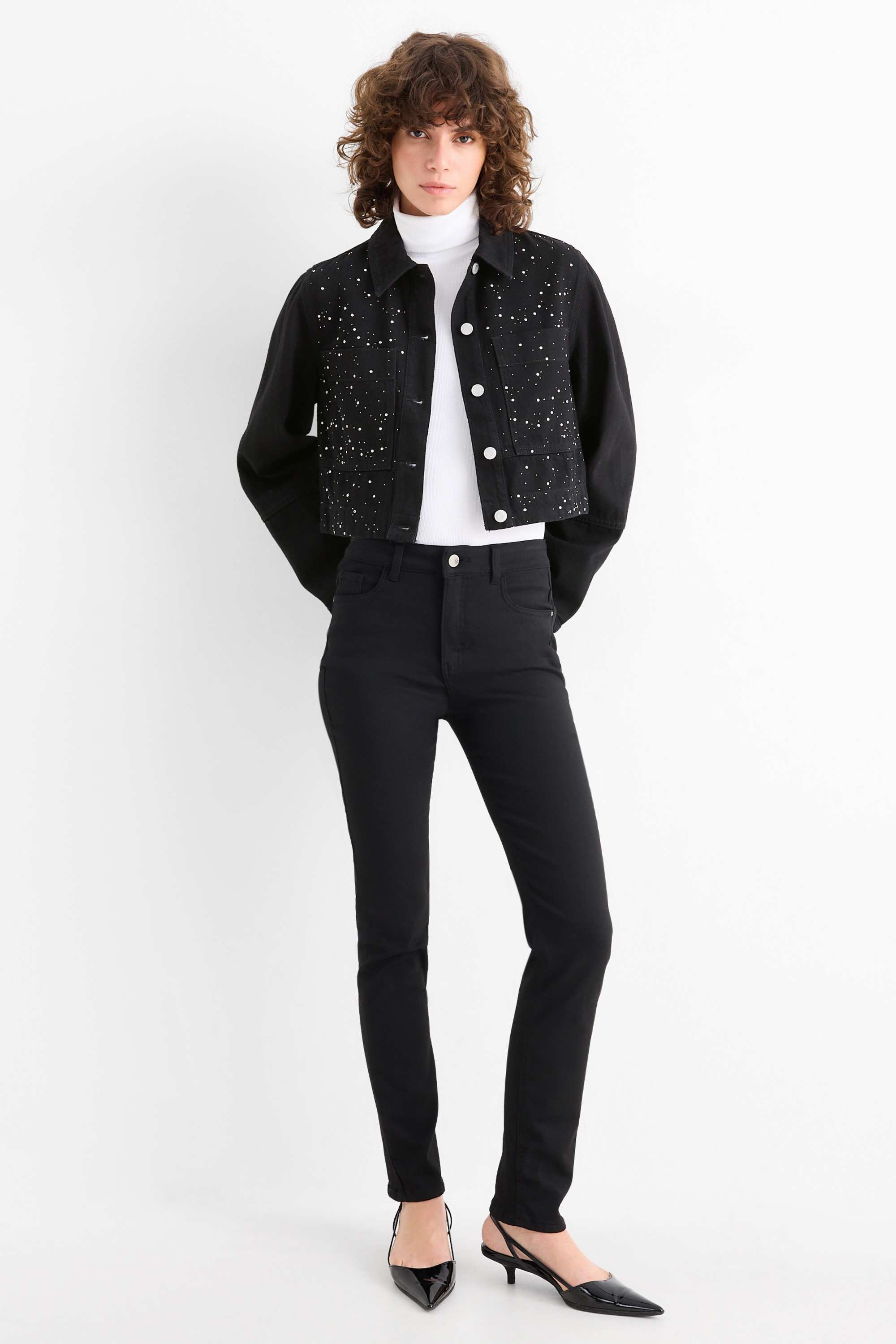 Cropped denim jacket with rhinestones black