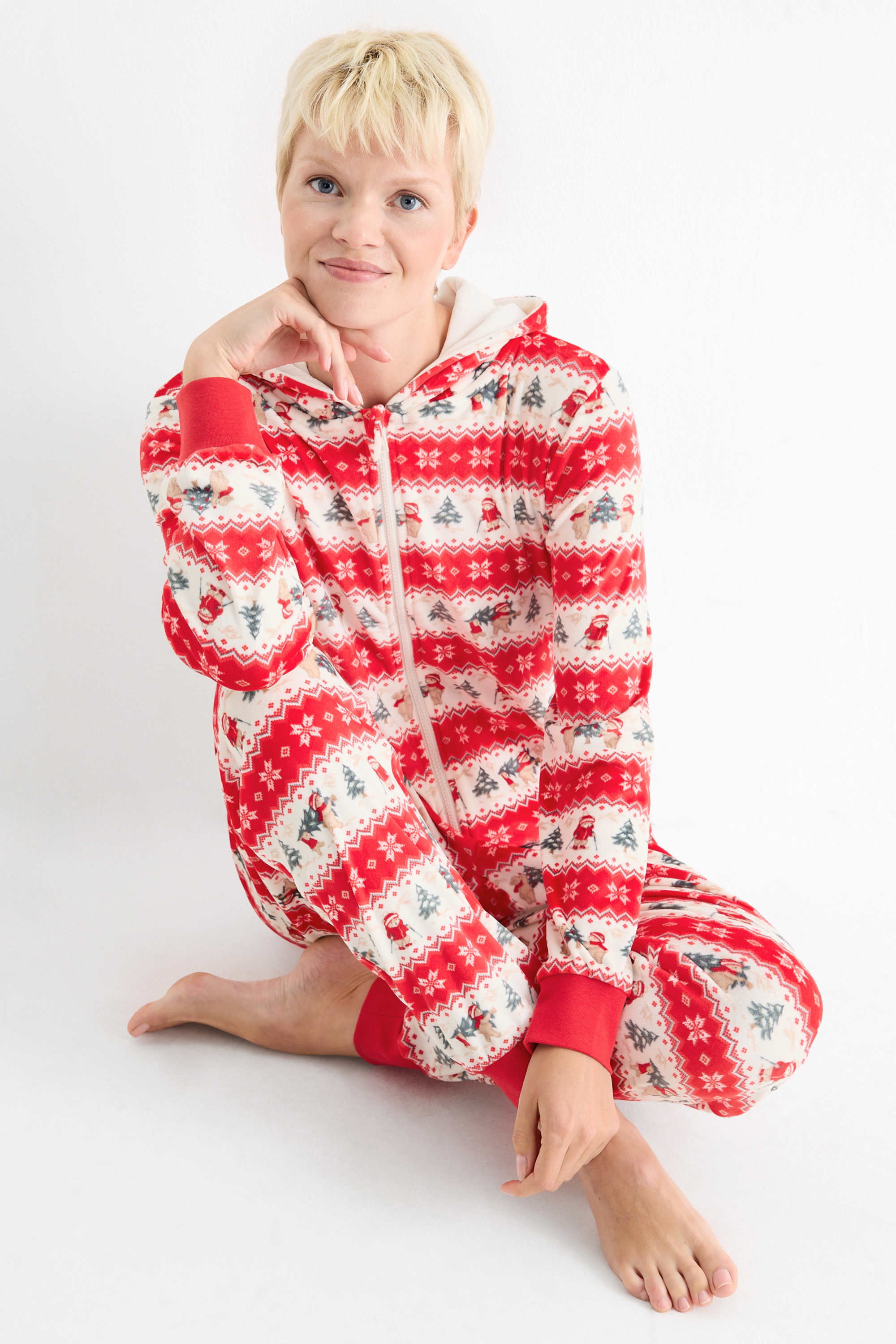 Mini Me - women's Christmas onesie with hood - patterned white / red