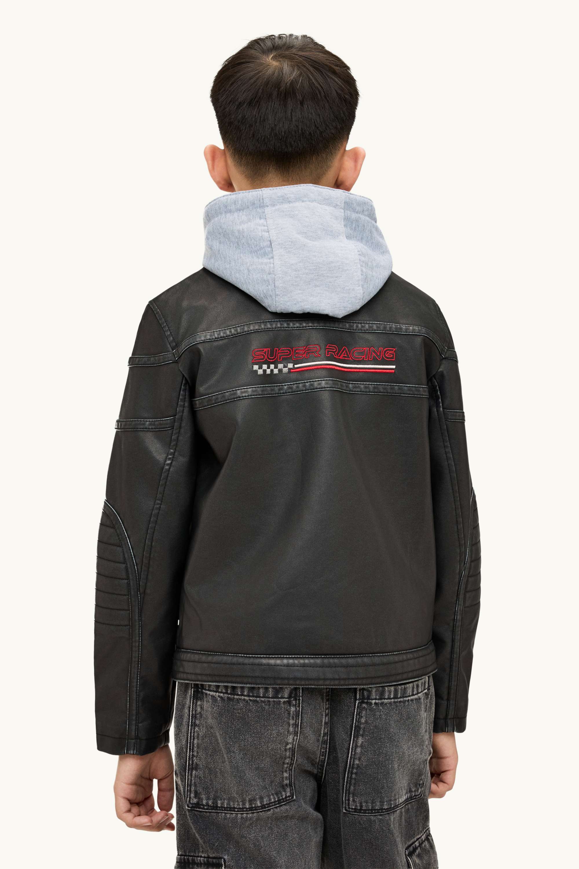 Racing - biker jacket with hood - faux leather black