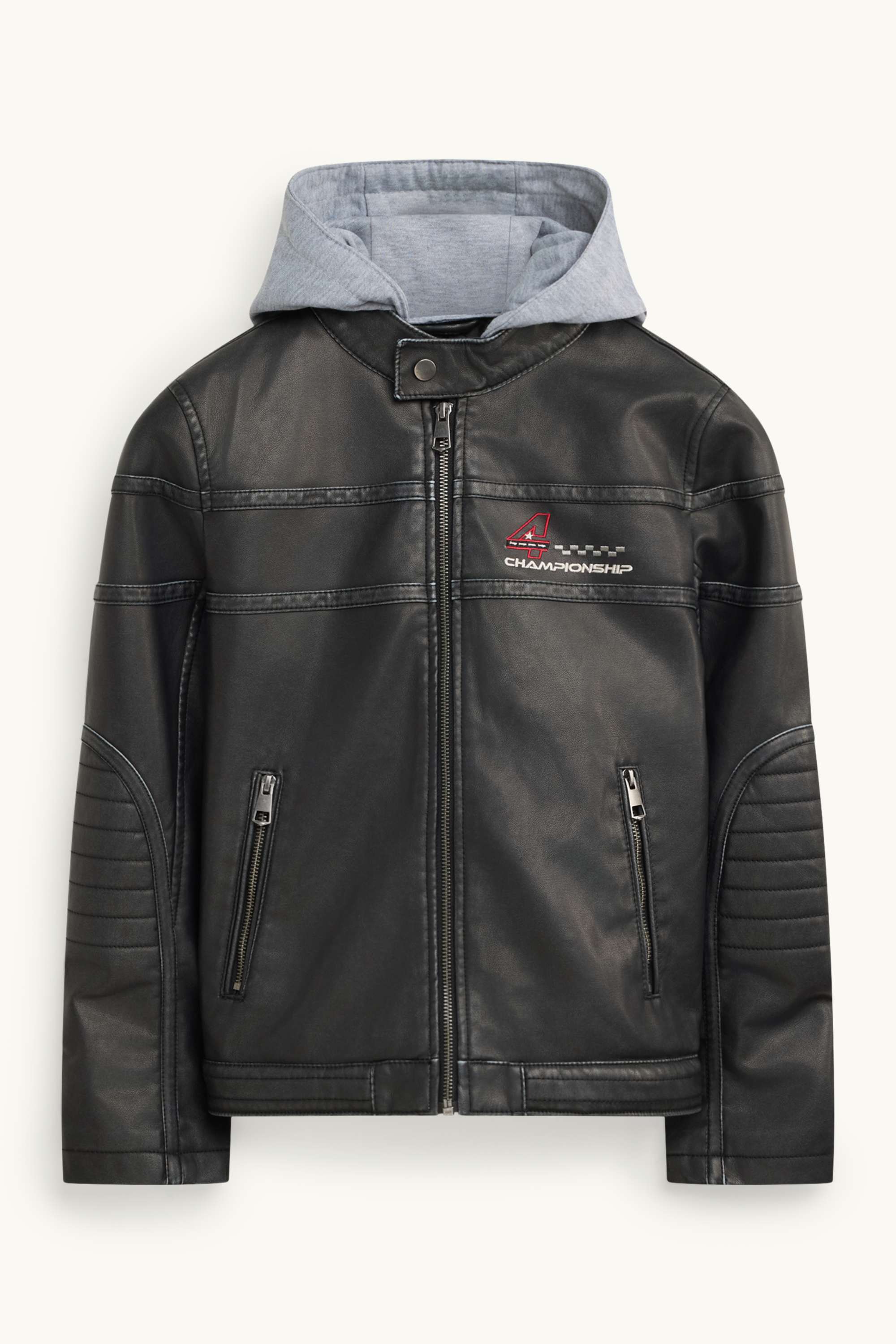 Racing - biker jacket with hood - faux leather black
