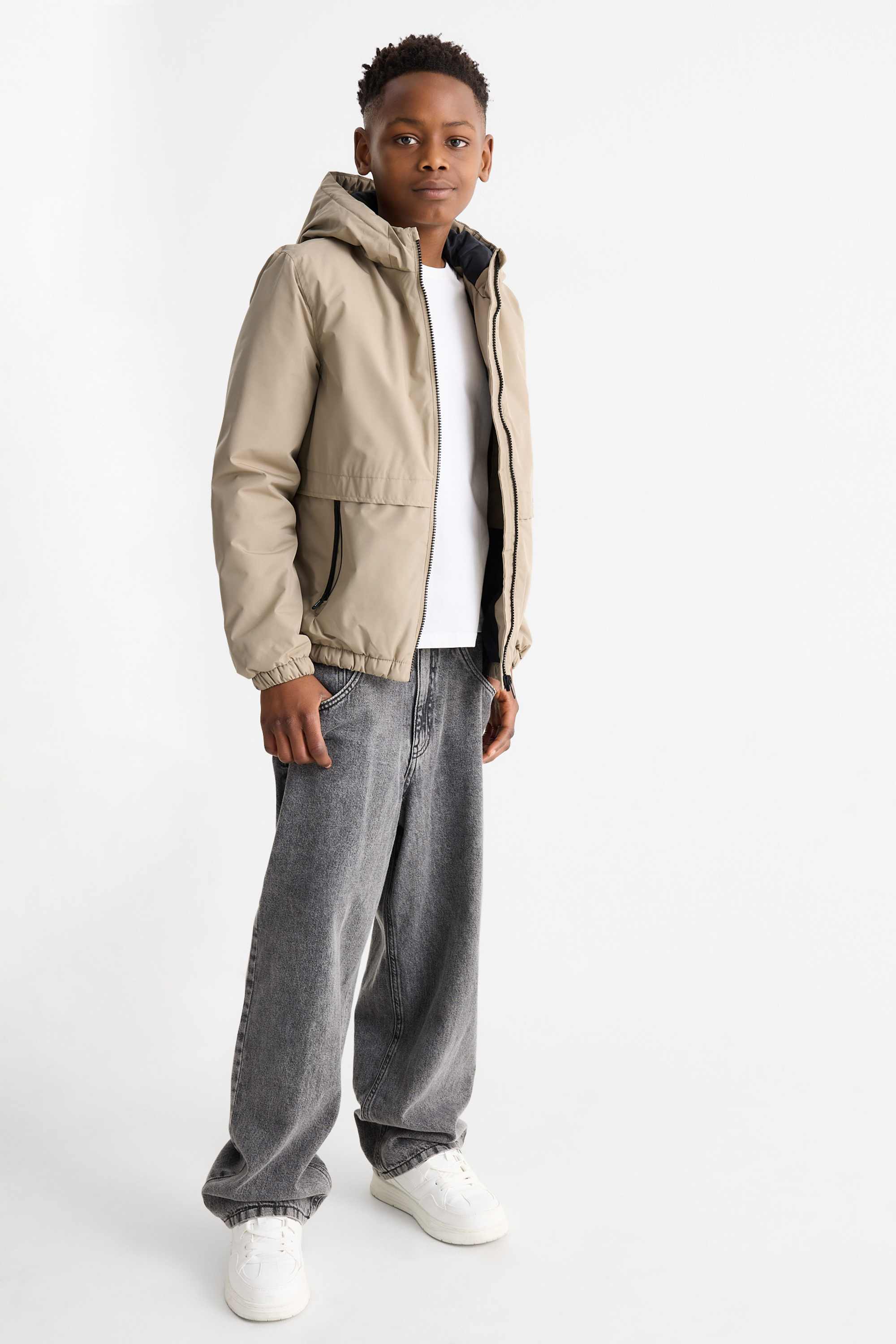 Jacket with hood - lined - textured beige