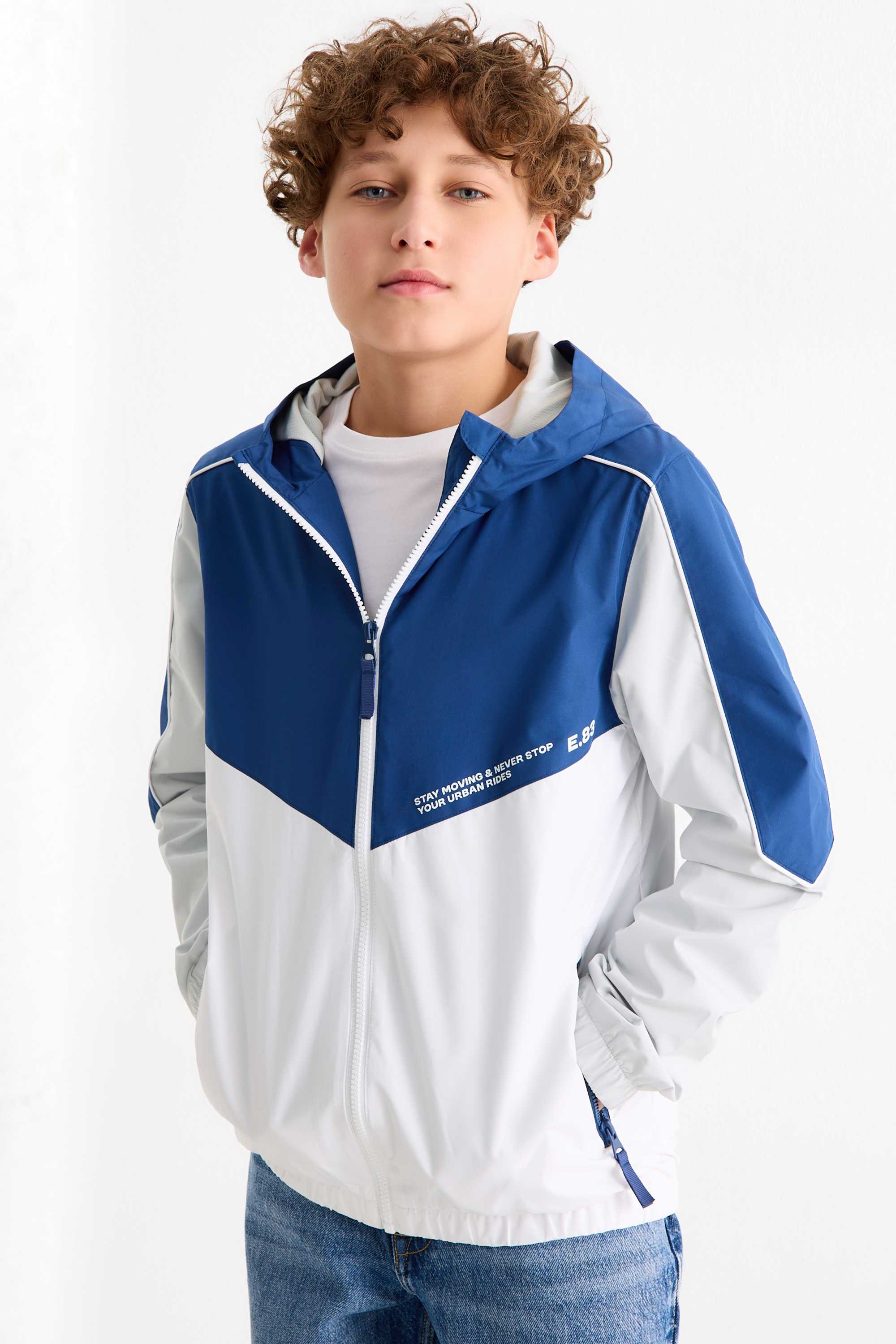 Jacket with hood - water-repellent dark blue / white