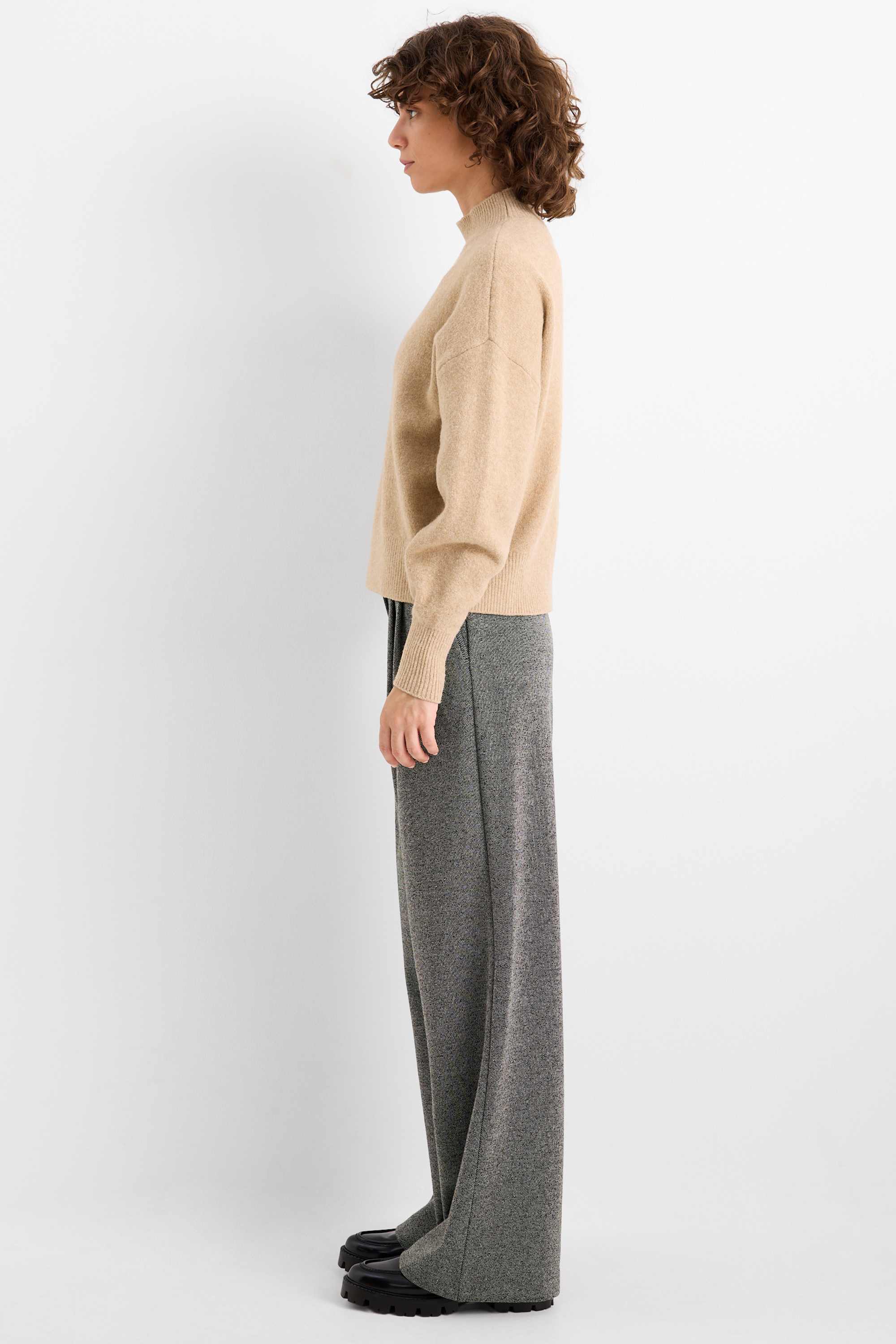 Jersey trousers - high waist - wide leg - textured dark gray / white