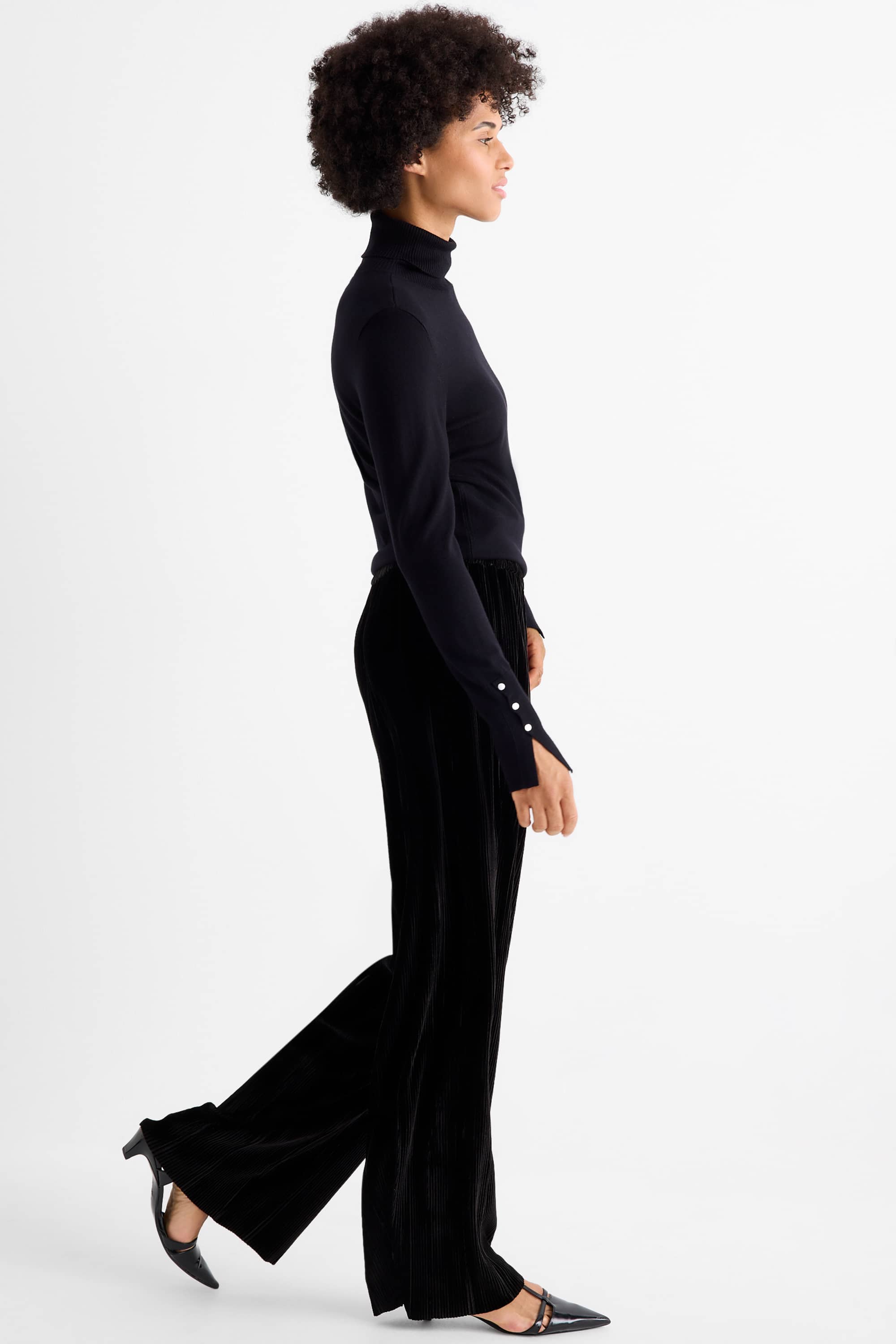 Plissé velvet trousers - high waist - wide leg black