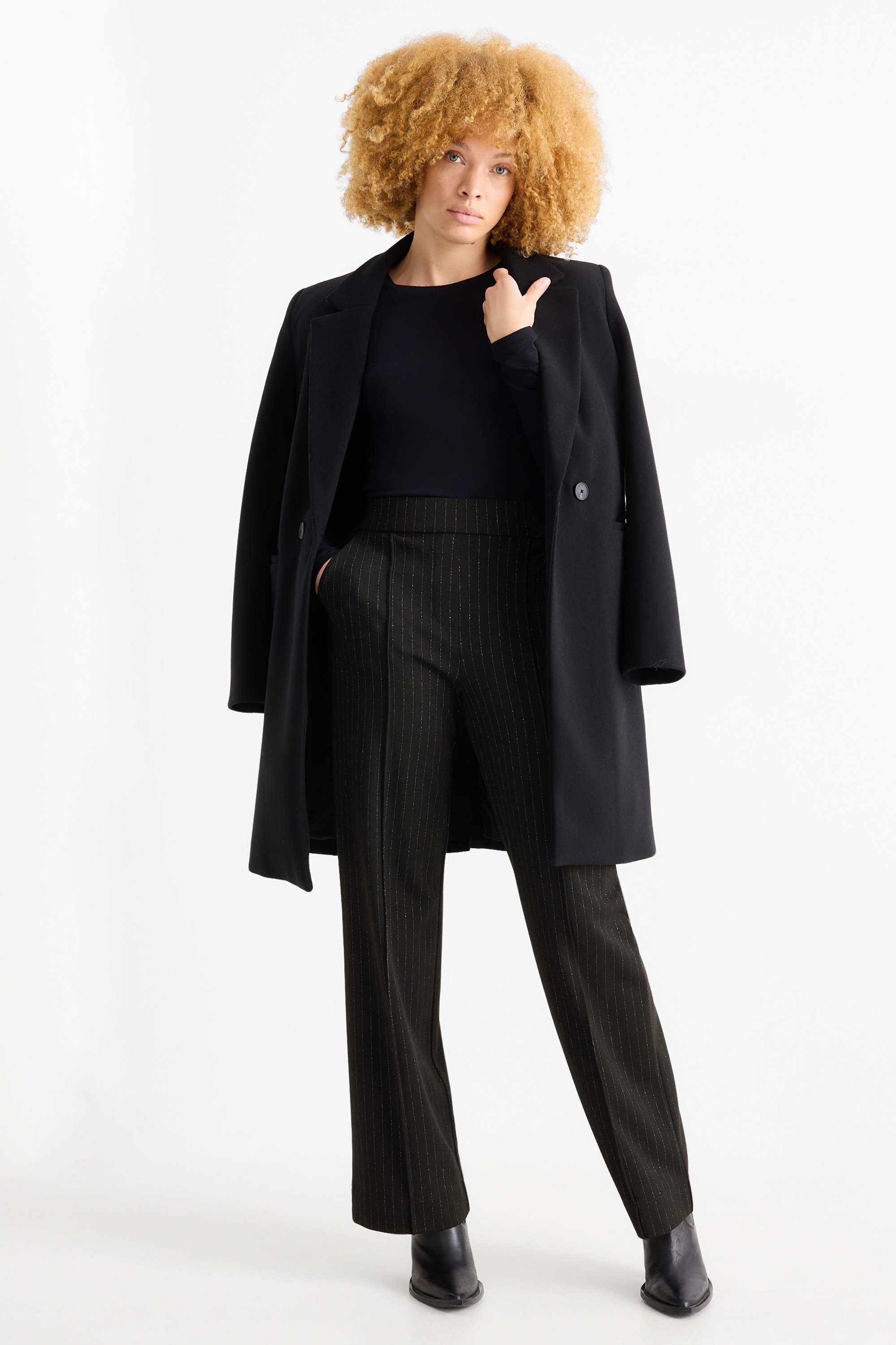 Jersey trousers - mid-rise waist - wide leg - pinstripes black