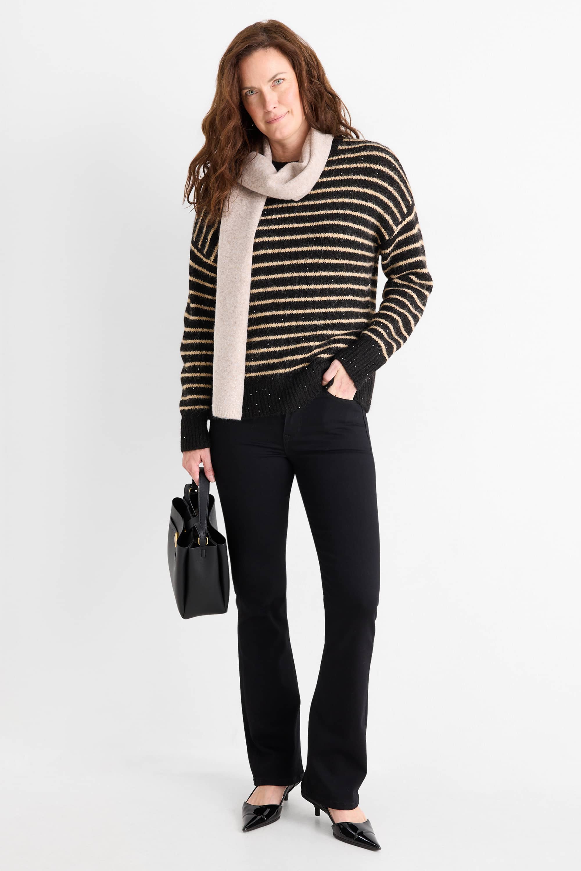Jumper - shiny - striped black / beige