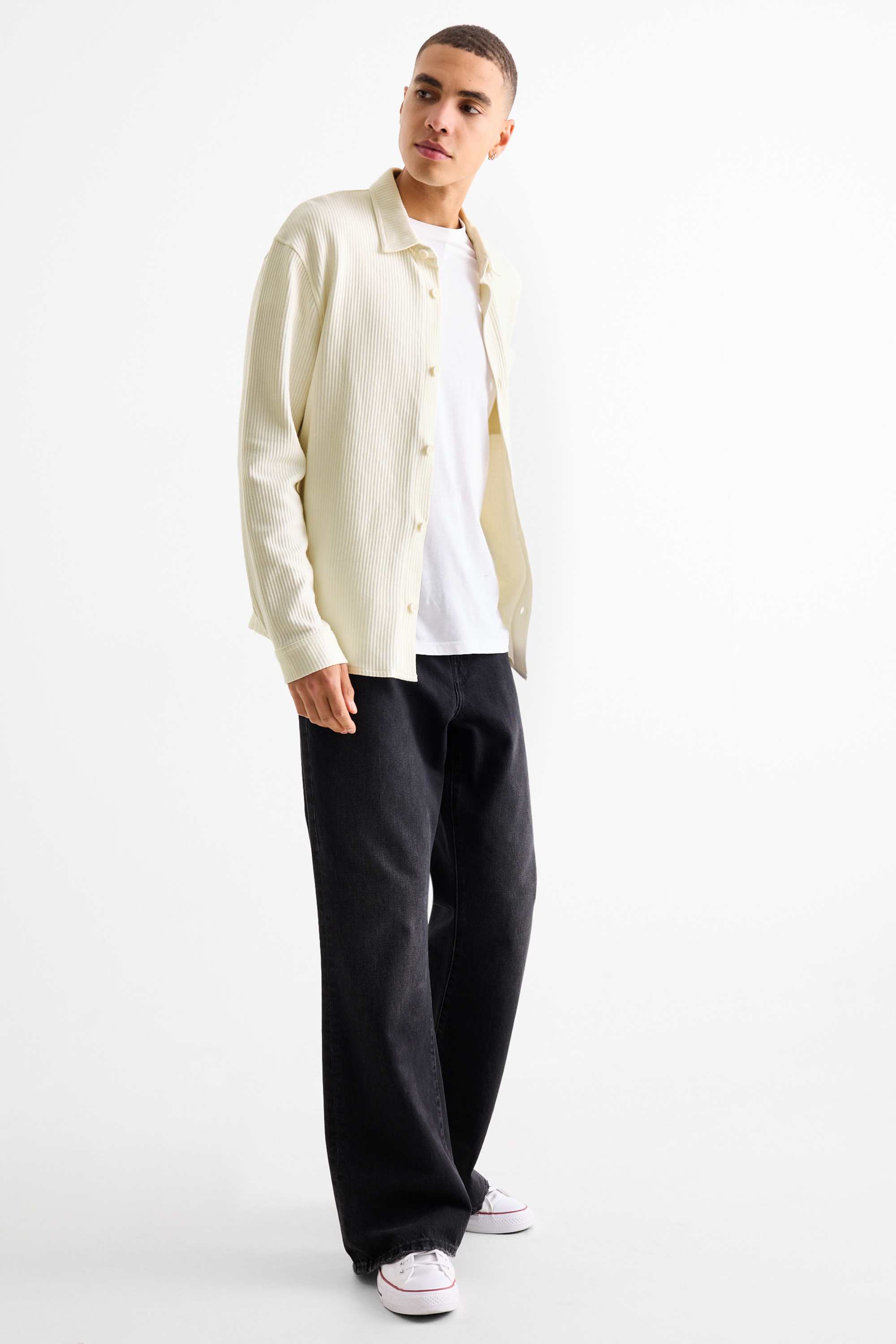 Shirt - relaxed fit - kent collar - ribbed white