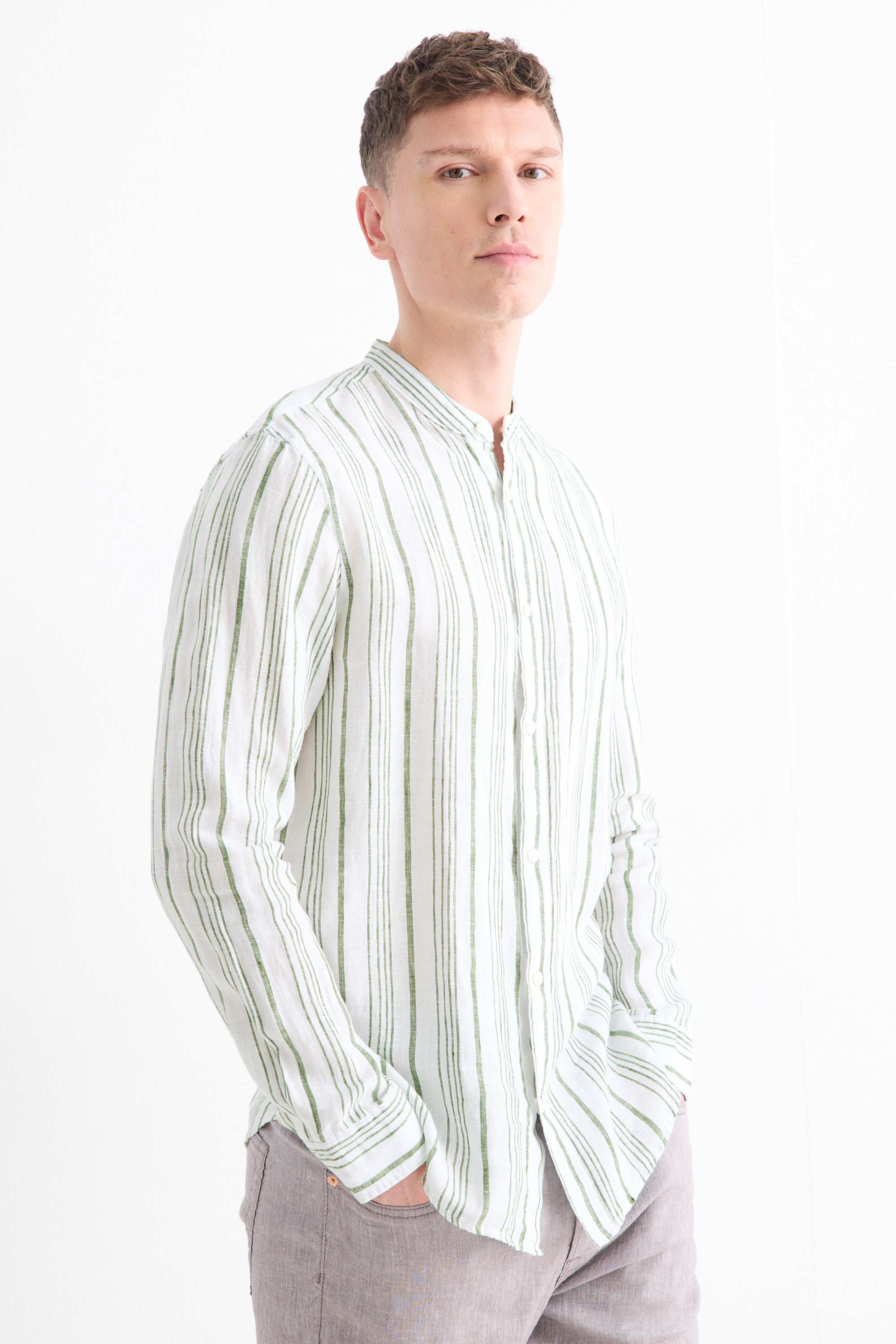 Linen shirt - regular fit - band collar - striped cremewhite
