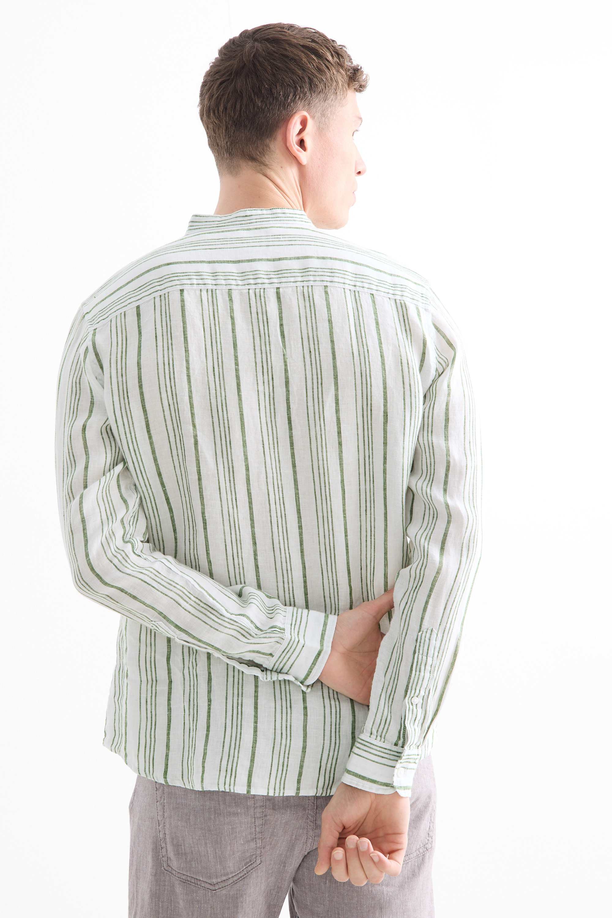 Linen shirt - regular fit - band collar - striped cremewhite