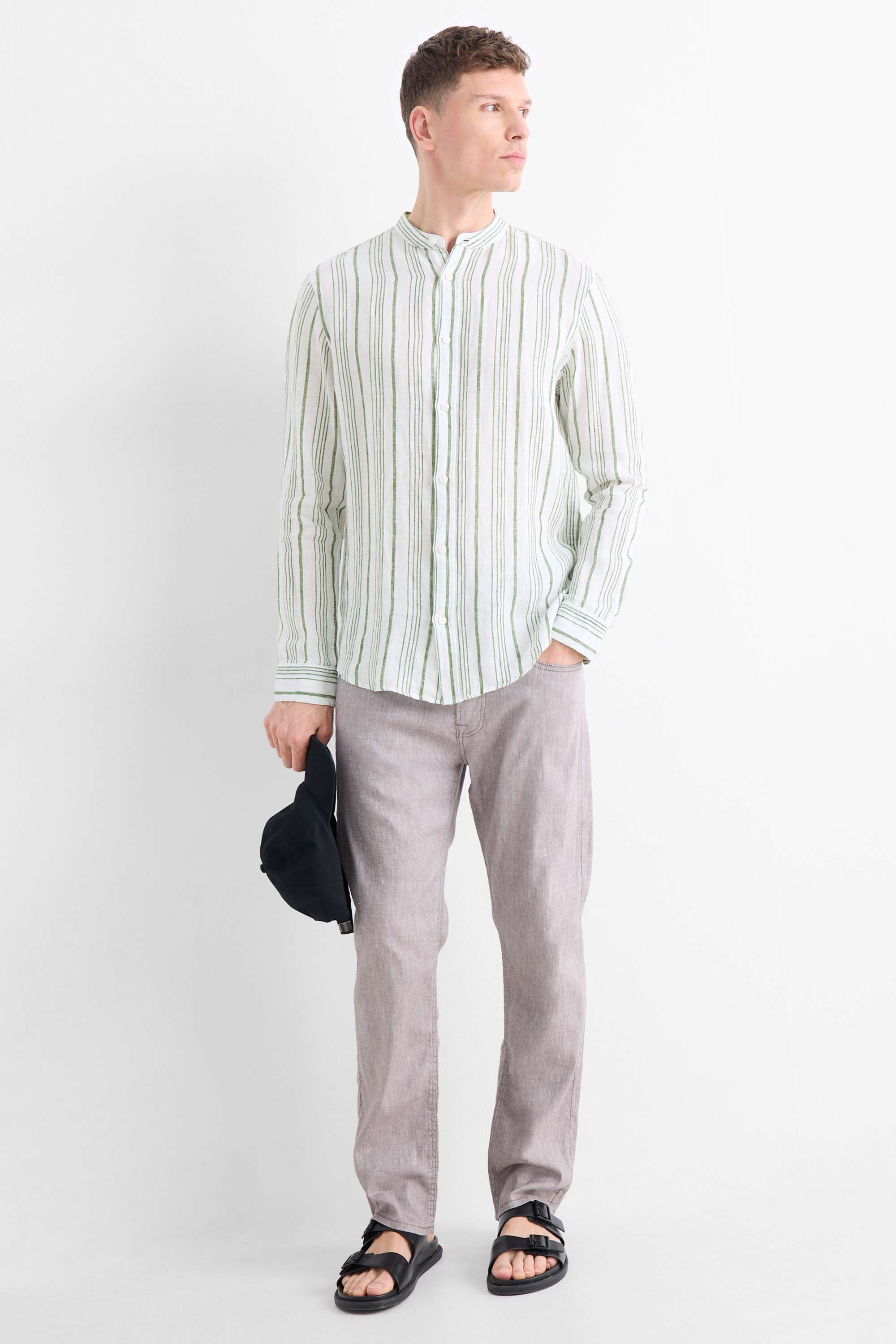 Linen shirt - regular fit - band collar - striped cremewhite