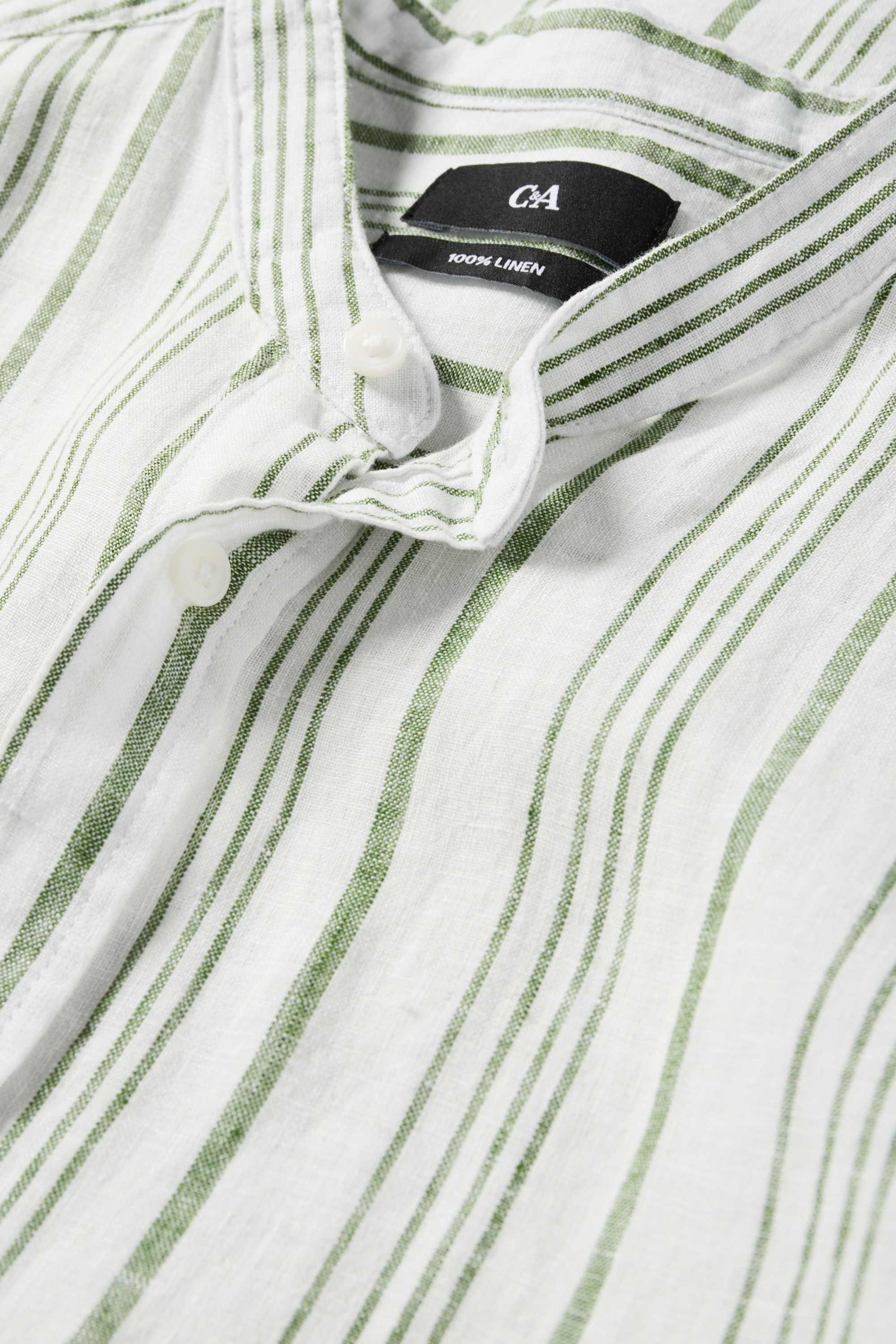 Linen shirt - regular fit - band collar - striped cremewhite