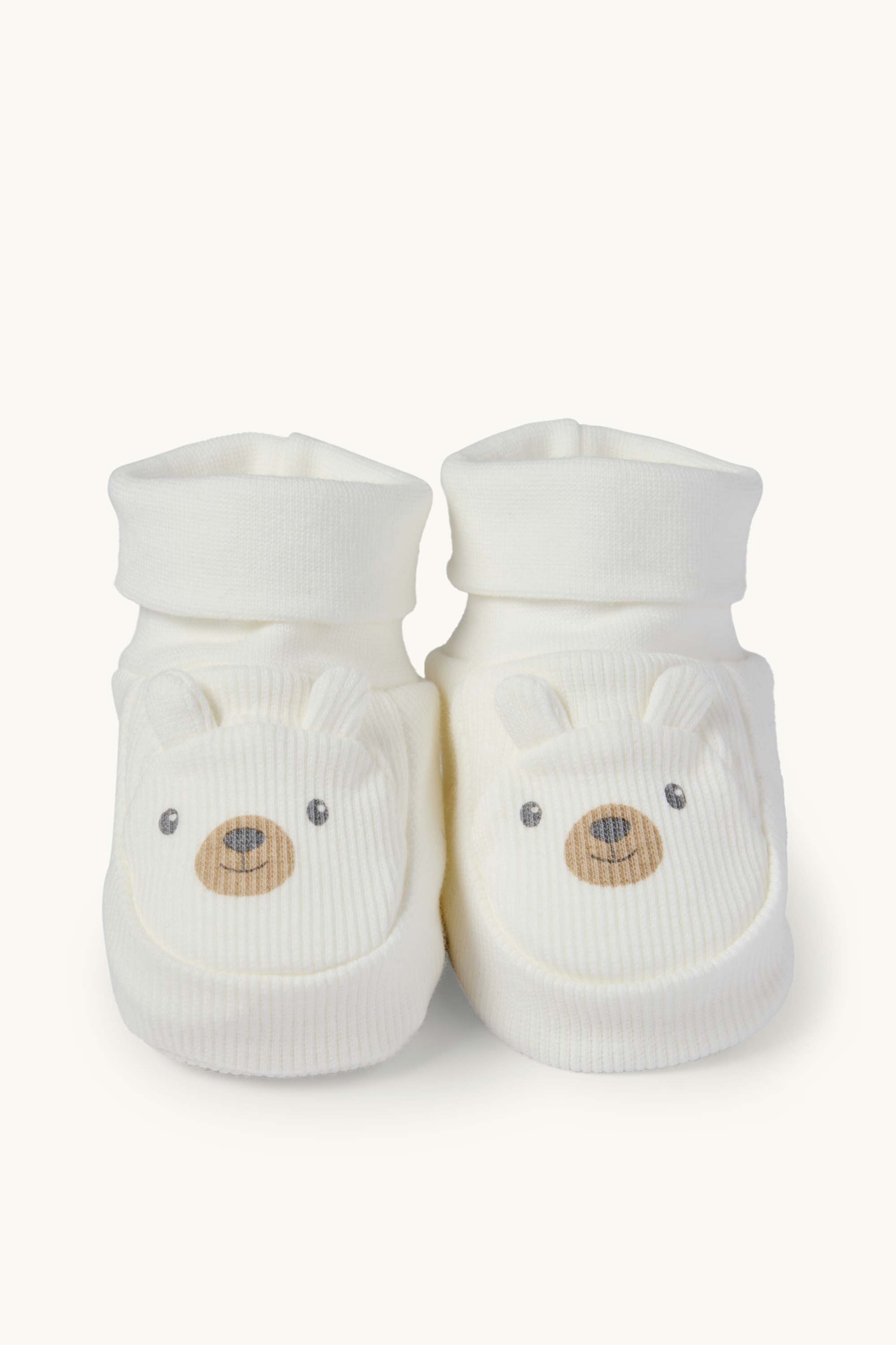 Teddy bear - baby booties - ribbed white